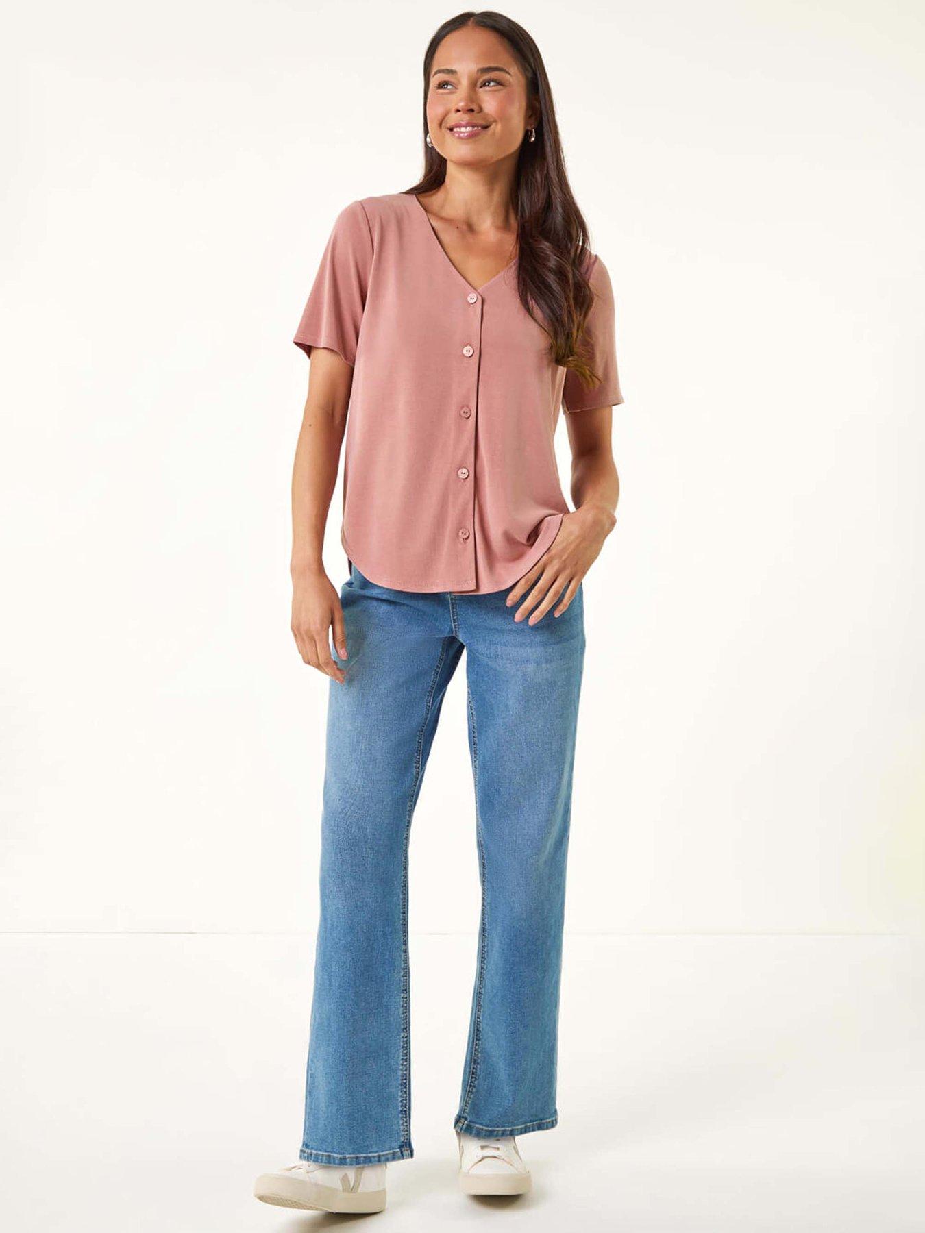 Roman Petite V-neck Buttoned Blouse - Pink