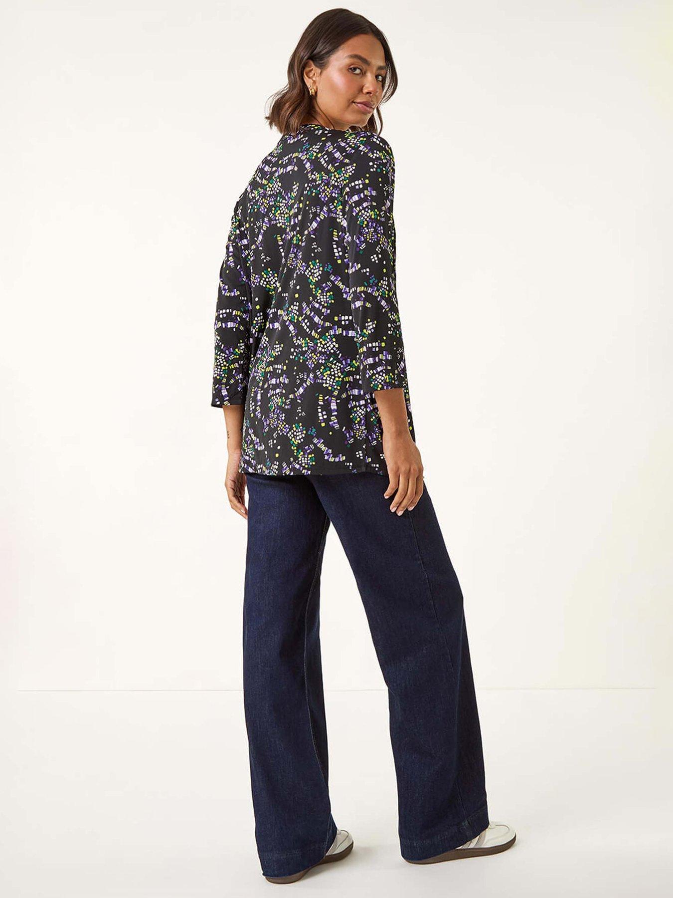 Image 2 of 5 of Roman Abstract Print Pintuck Stretch Top - Lime