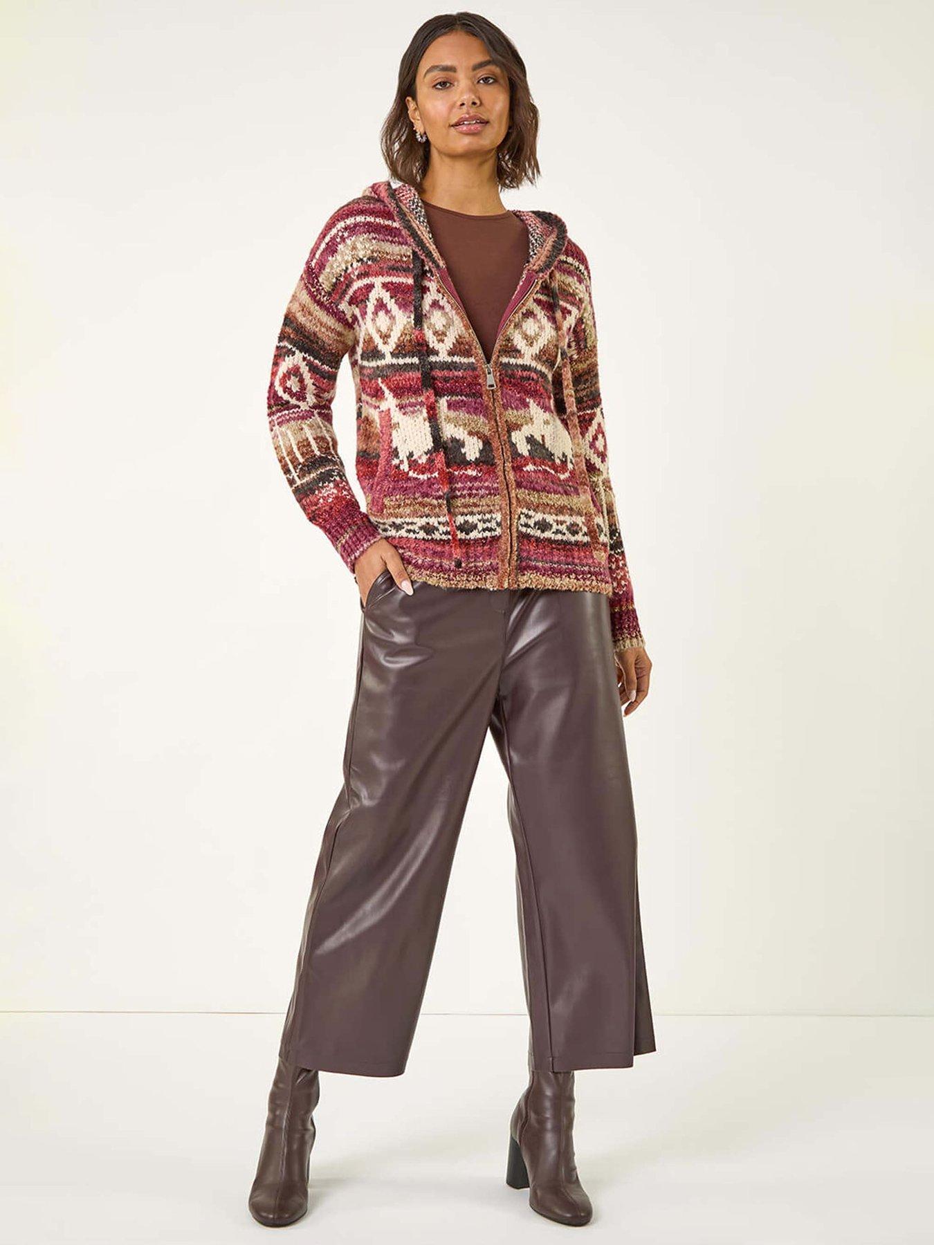 Roman Jacquard Zip Hooded Cardigan - Burgundy