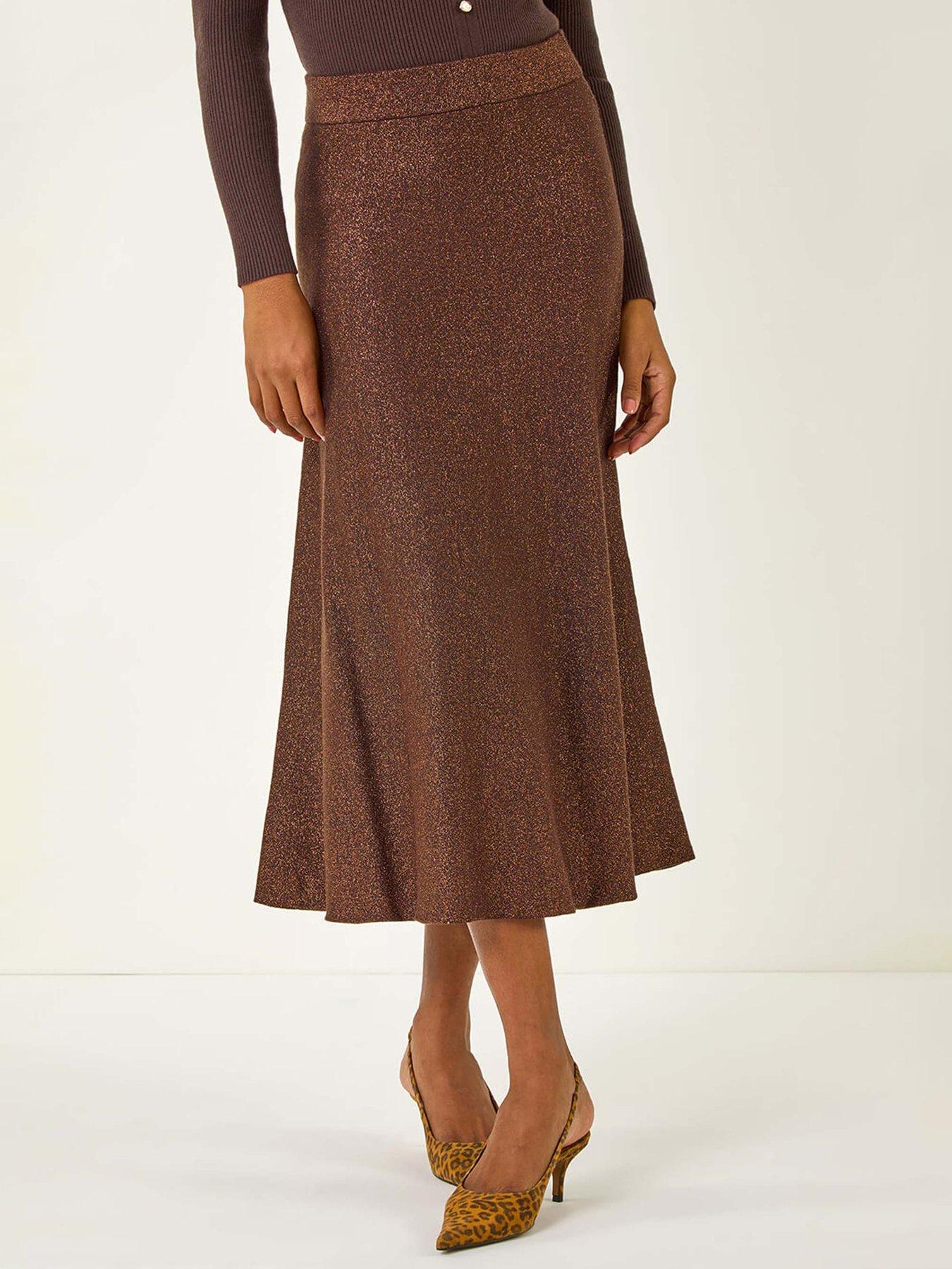 Roman Shimmer Knit Midi Skirt - Dark Brown