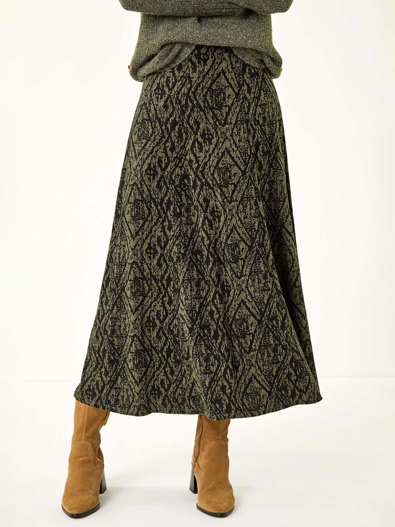 Roman Abstract Diamond Print Midi Skirt - Khaki
