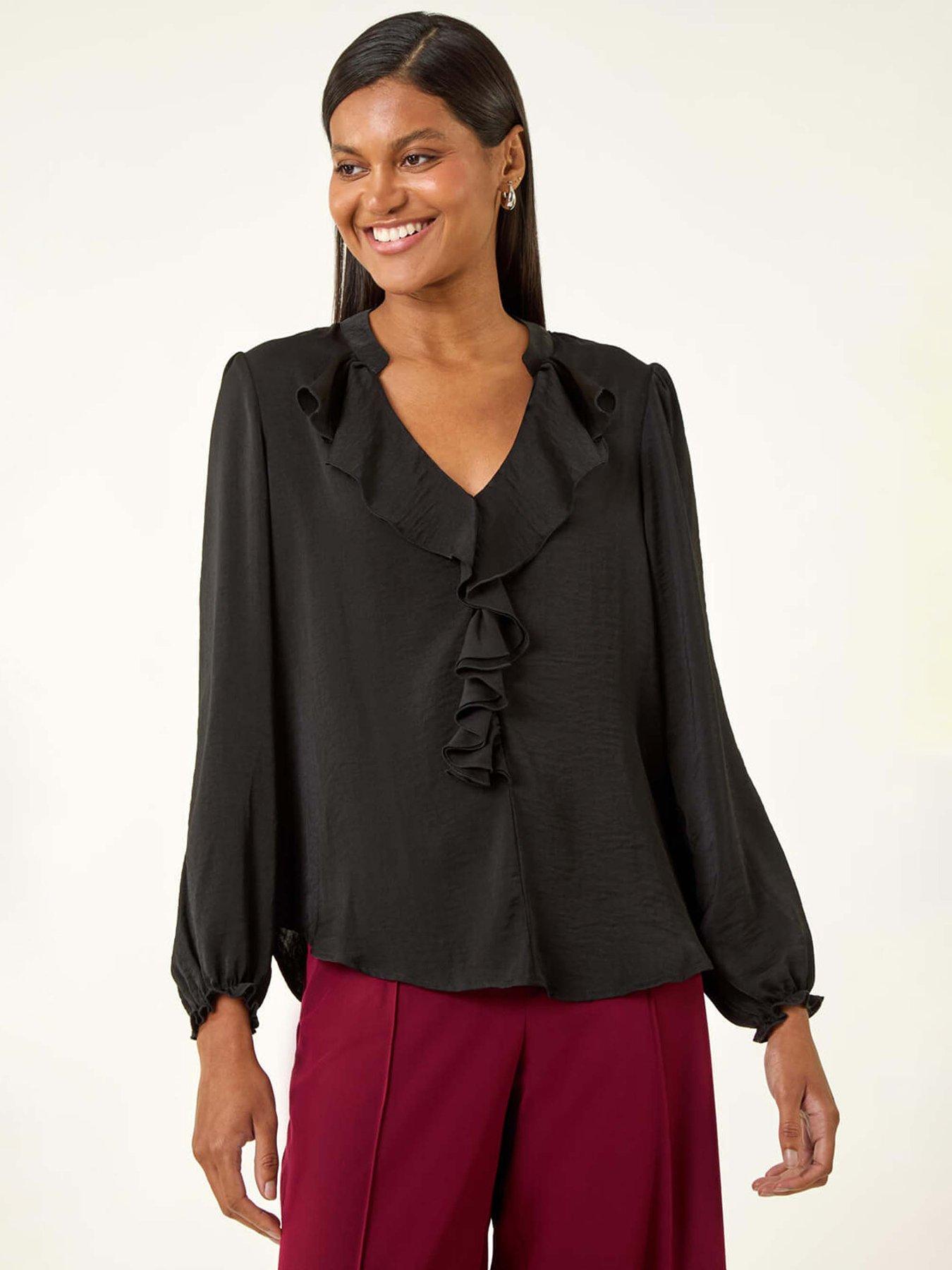 Roman Satin Ruffle Neck Blouse - Black
