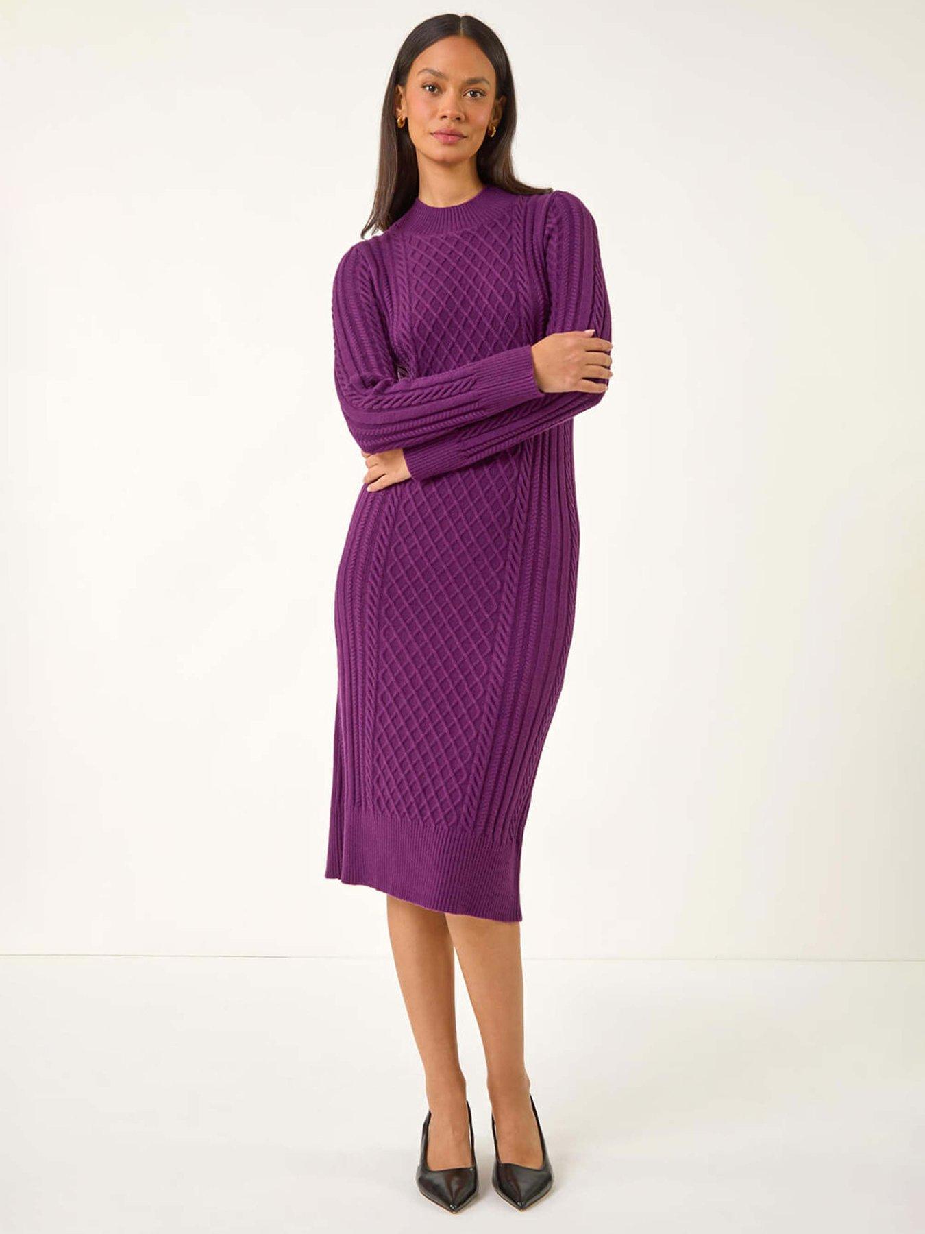 Roman Dusk Cable Knit Midi Jumper Dress - Purple