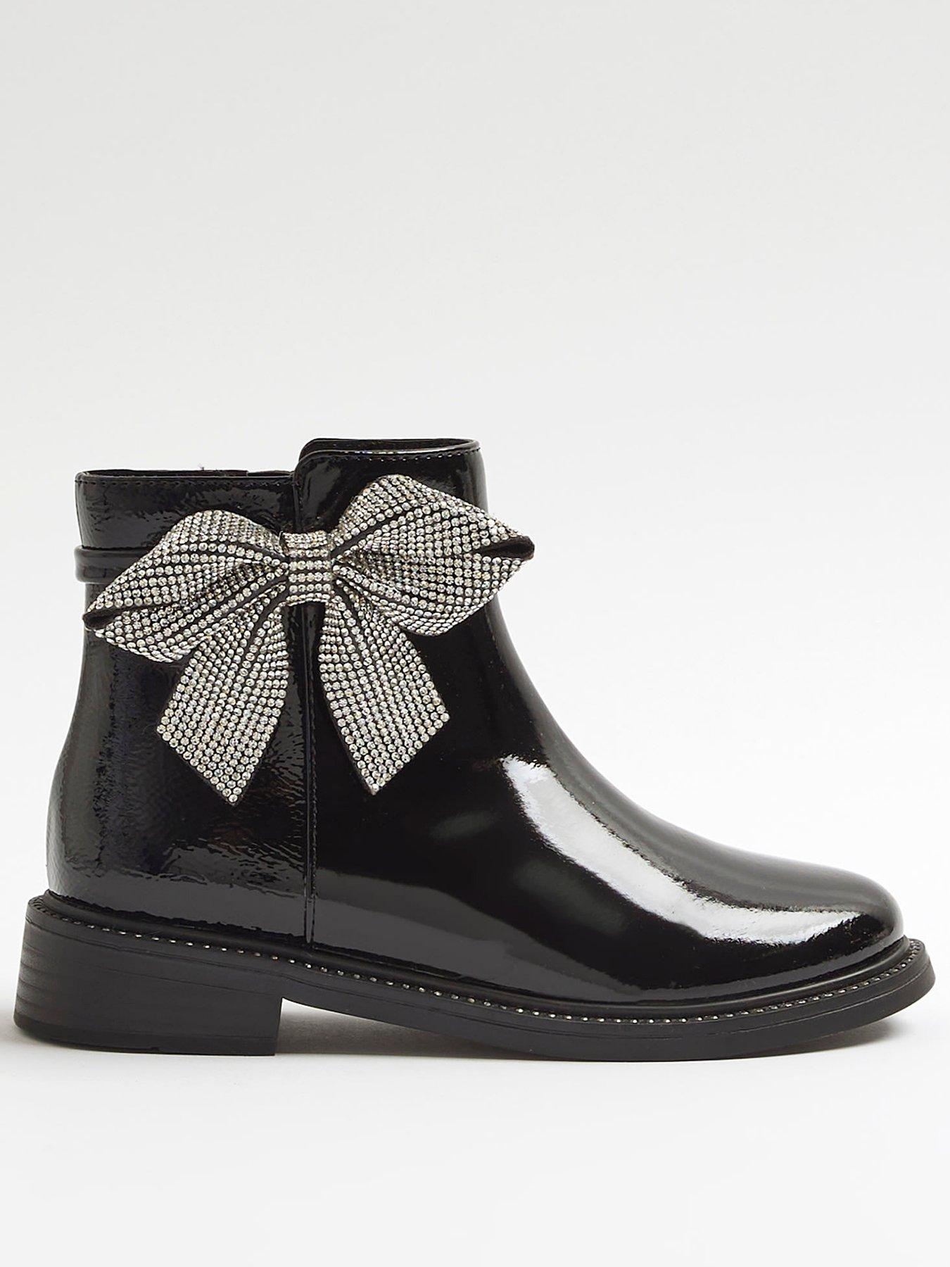 River Island Older Girls Diamante Bow Boots - Black