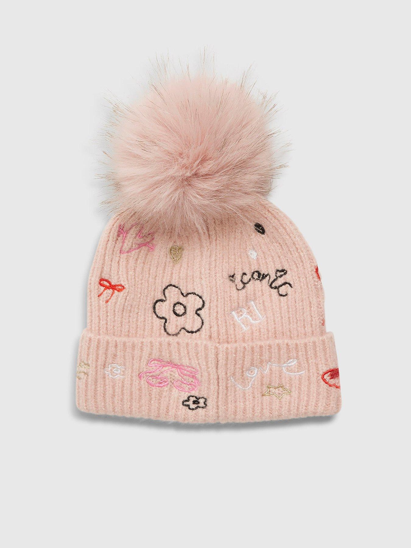 Image 1 of 4 of River Island Older Girls Doodle Pom Beanie Hat - Pink