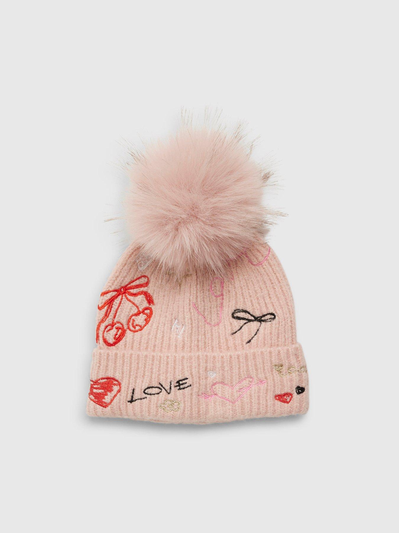 Image 2 of 4 of River Island Older Girls Doodle Pom Beanie Hat - Pink