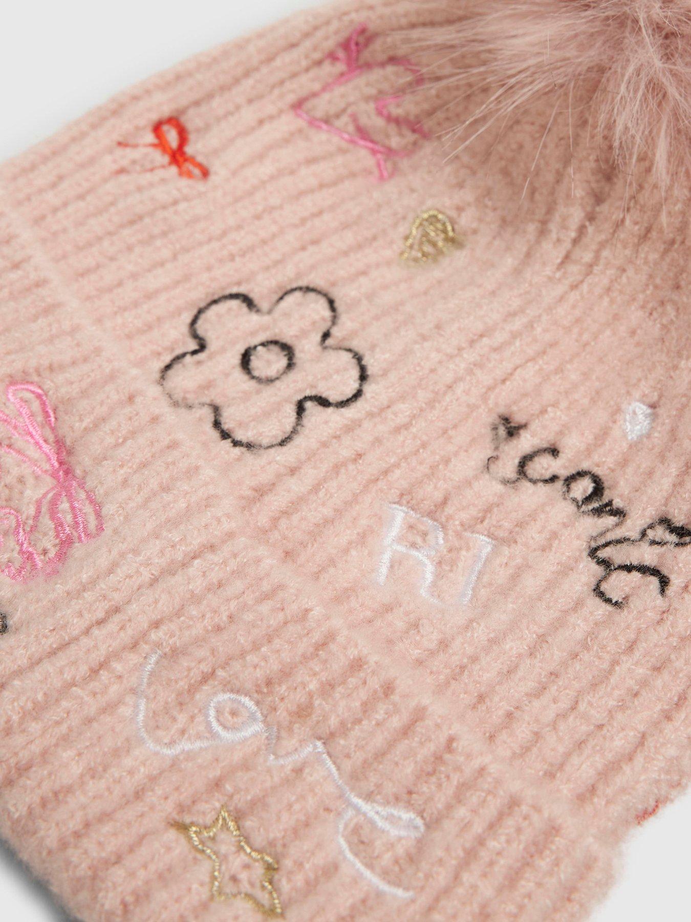 Image 3 of 4 of River Island Older Girls Doodle Pom Beanie Hat - Pink