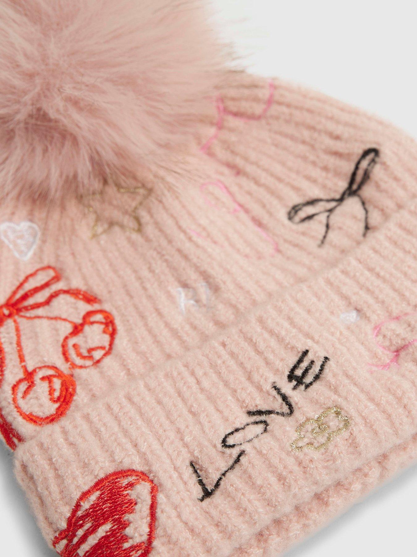 Image 4 of 4 of River Island Older Girls Doodle Pom Beanie Hat - Pink