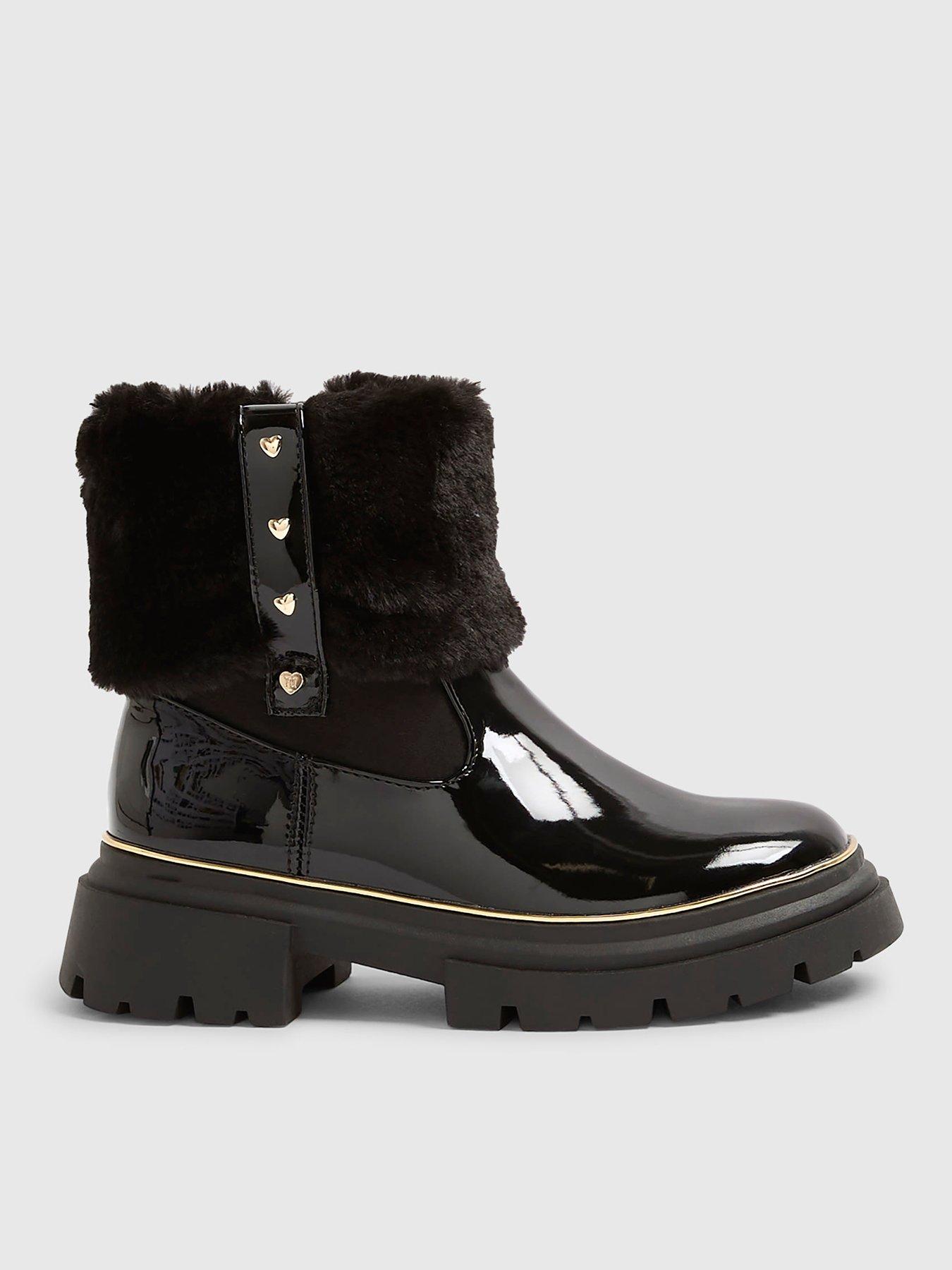 River Island Older Girls Heart Faux Fur Cuff Patent Boots - Black