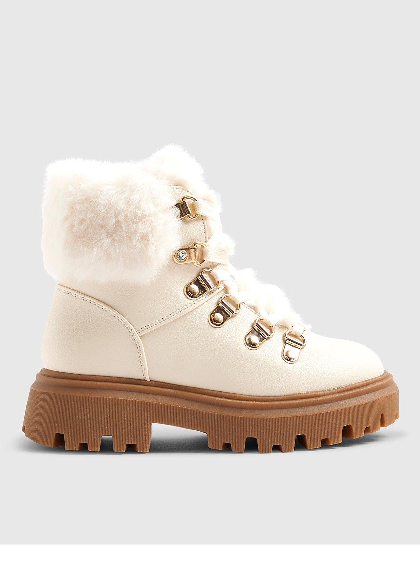 River Island Older Girls Faux Fur Lace Up Hiker Boots - Cream