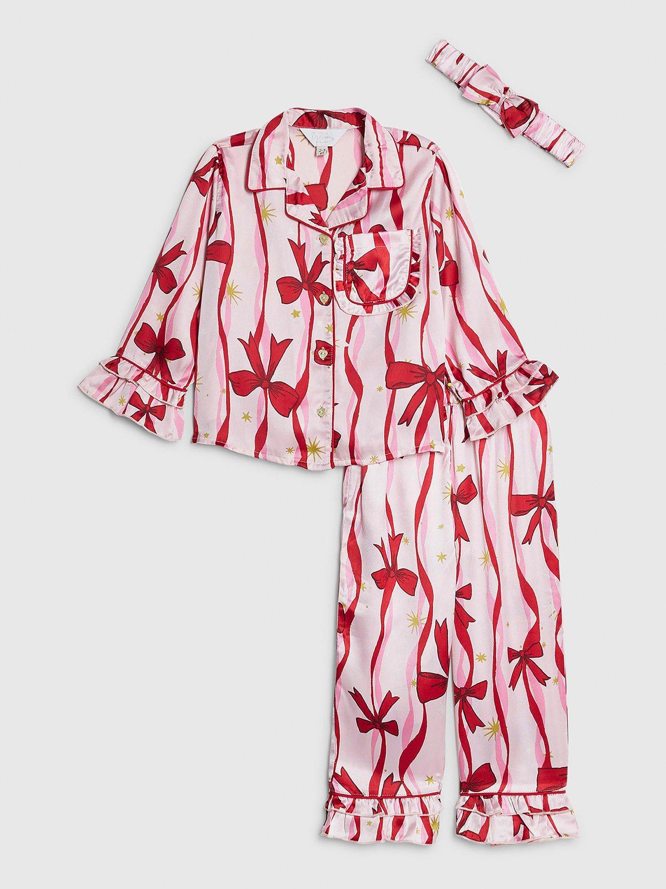 River Island Mini Girls Bow Print Satin Pyjamas Set With Scrunchie - Pink