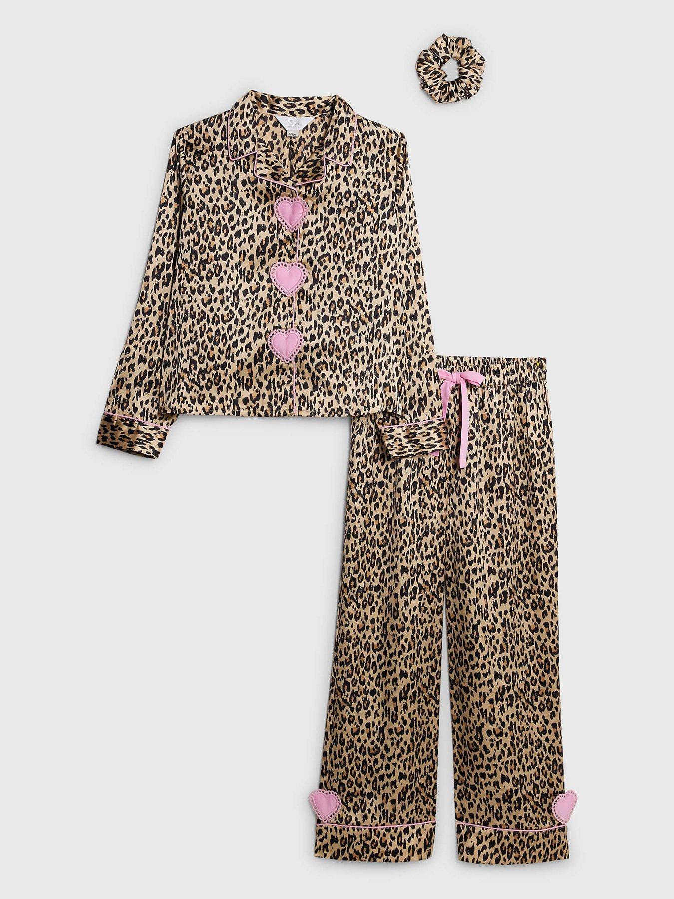 River Island Older Girls Heart Pyjamas Set With Scrunchie - Brown Leopard Print