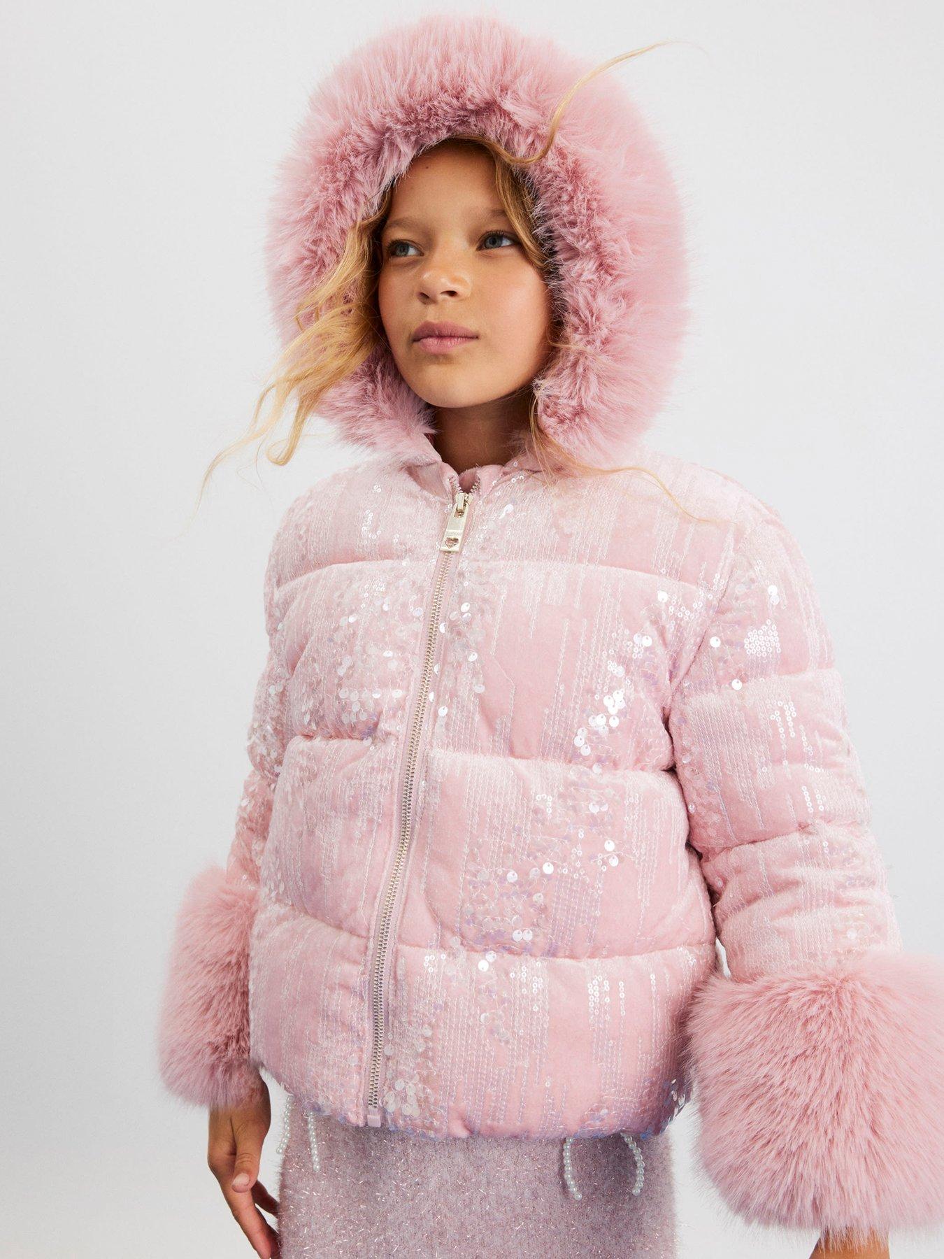 River Island Older Girls Sequin Hooded Puffer Coat - Pink
