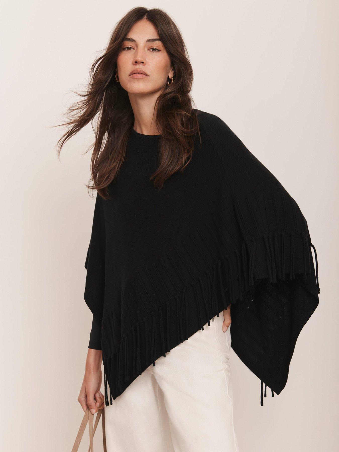 Image 1 of 6 of Mint Velvet Fringe Poncho - Black