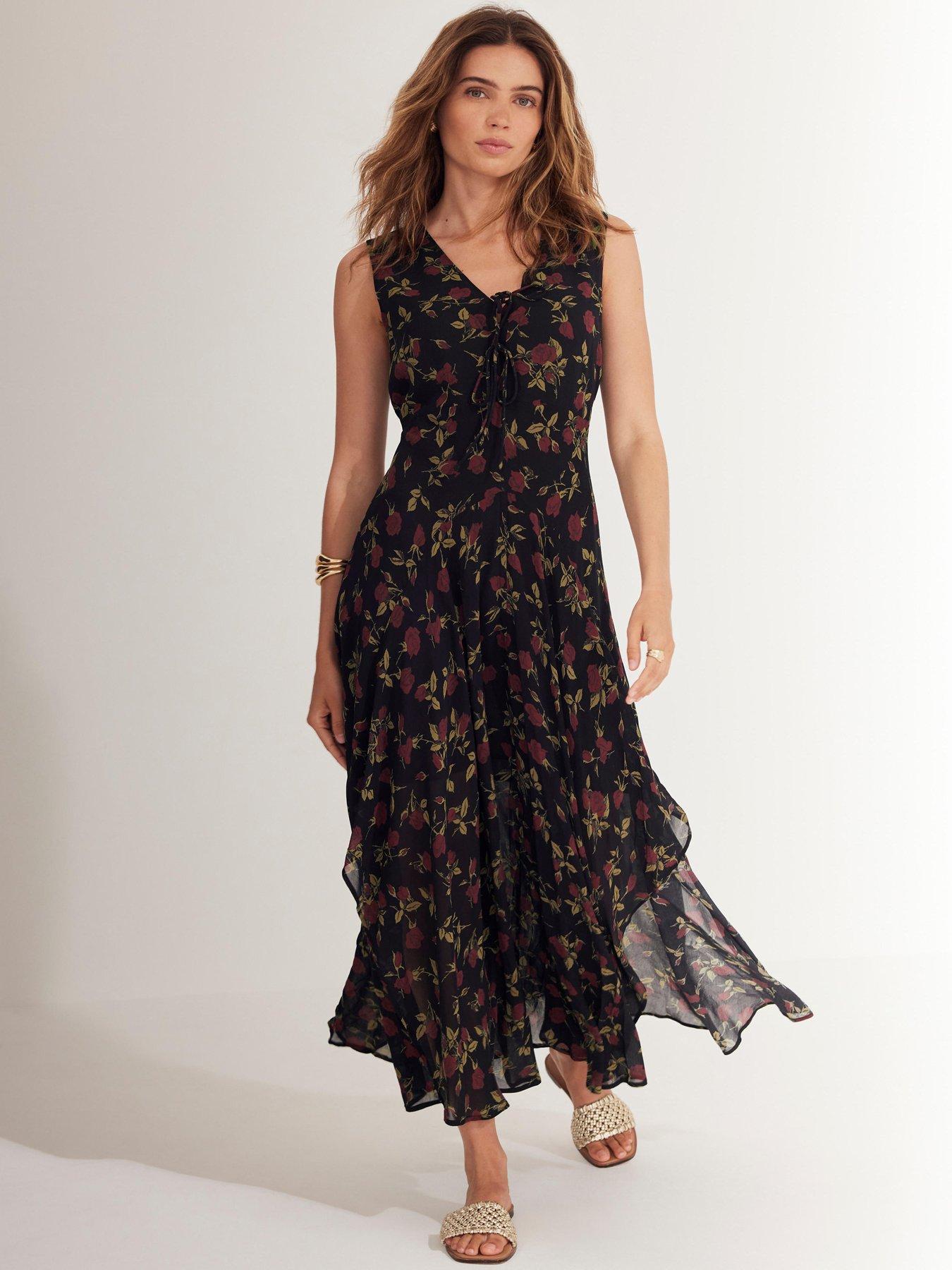 Image 1 of 6 of Mint Velvet Rose Print Midi Dress - Red