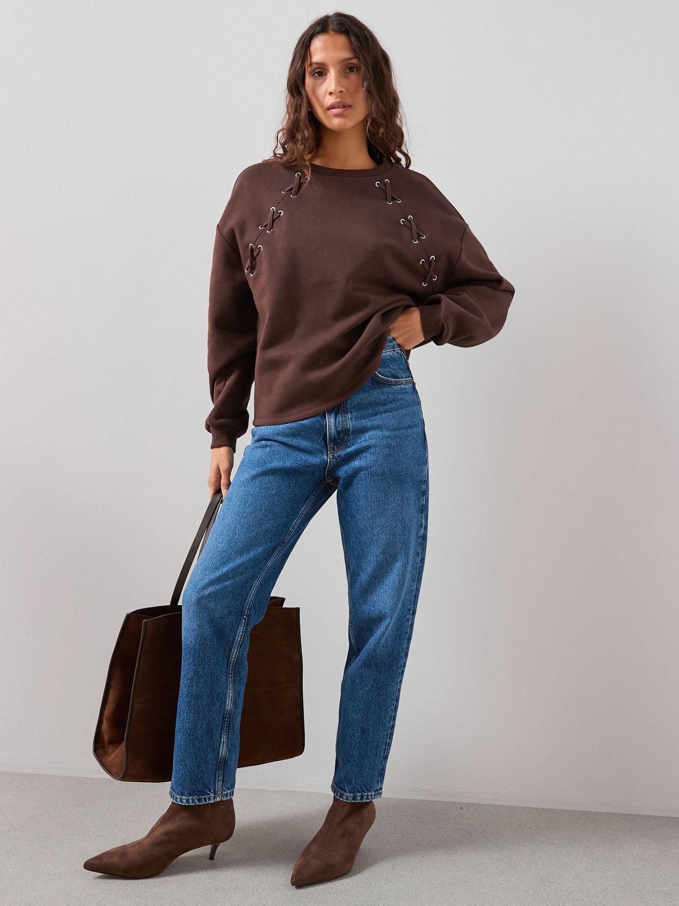 the-very-collection-eyelet-detail-lace-up-sleeve-sweatshirt-brown