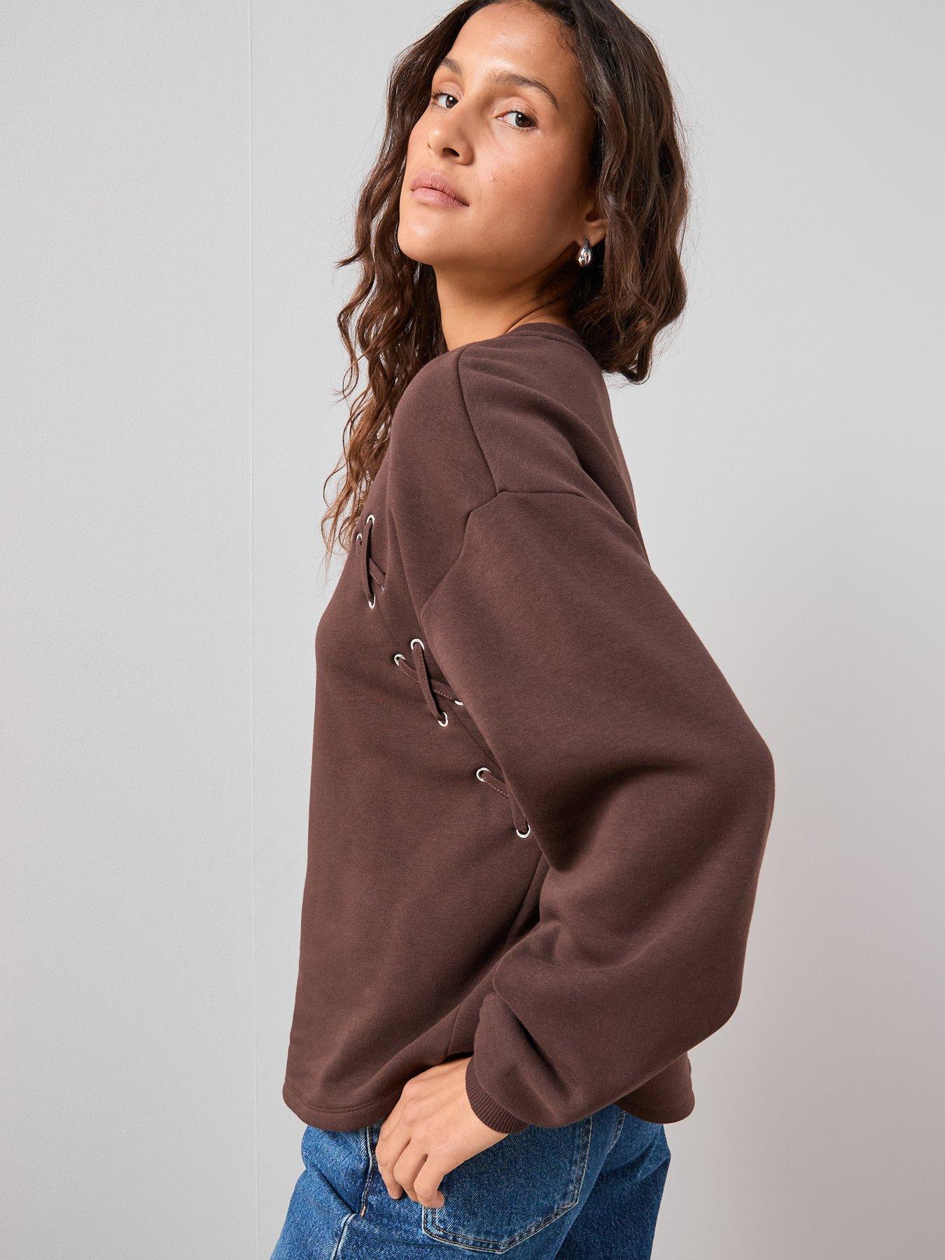the-very-collection-eyelet-detail-lace-up-sleeve-sweatshirt-brownstillFront