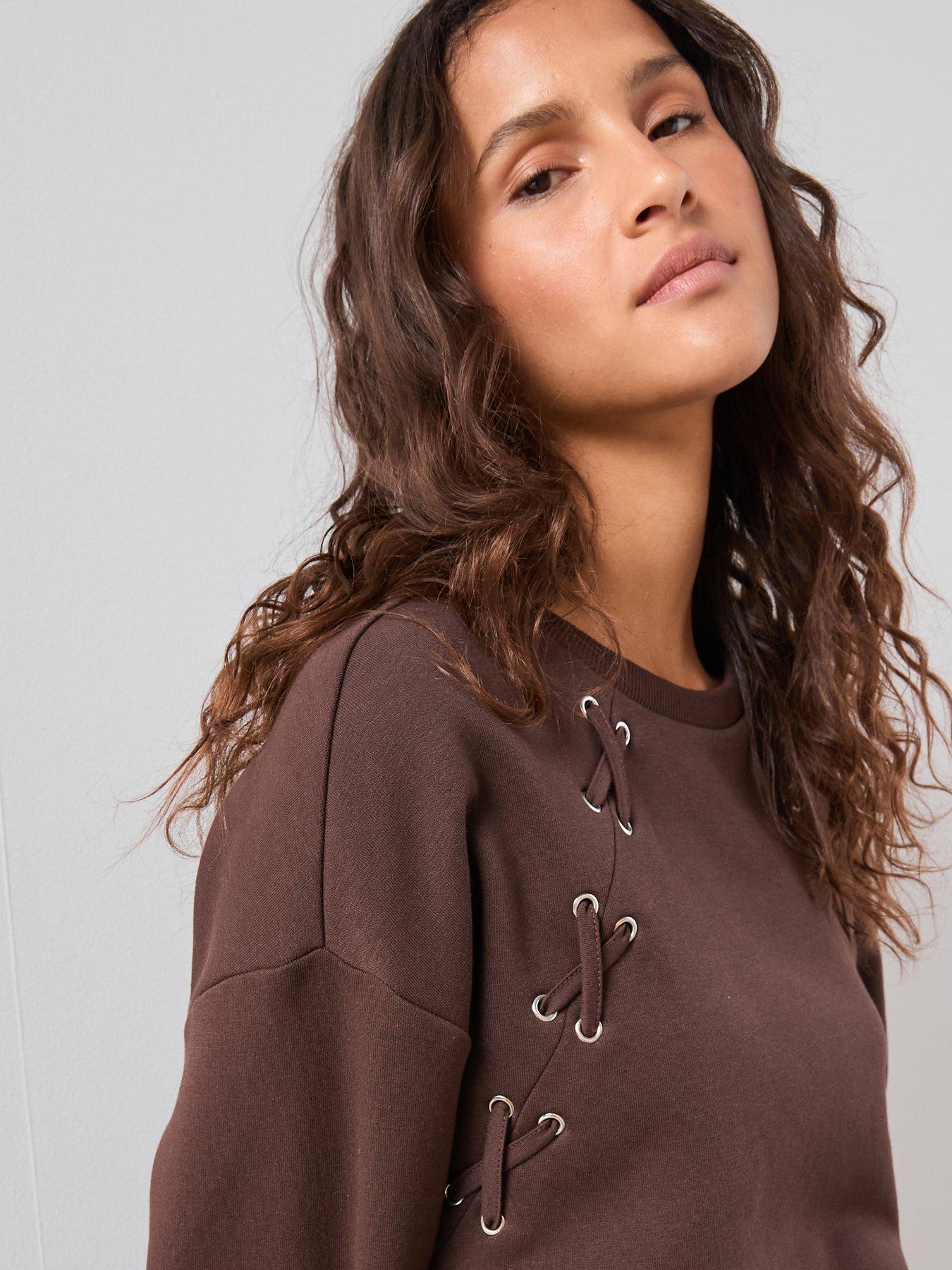 the-very-collection-eyelet-detail-lace-up-sleeve-sweatshirt-brownoutfit