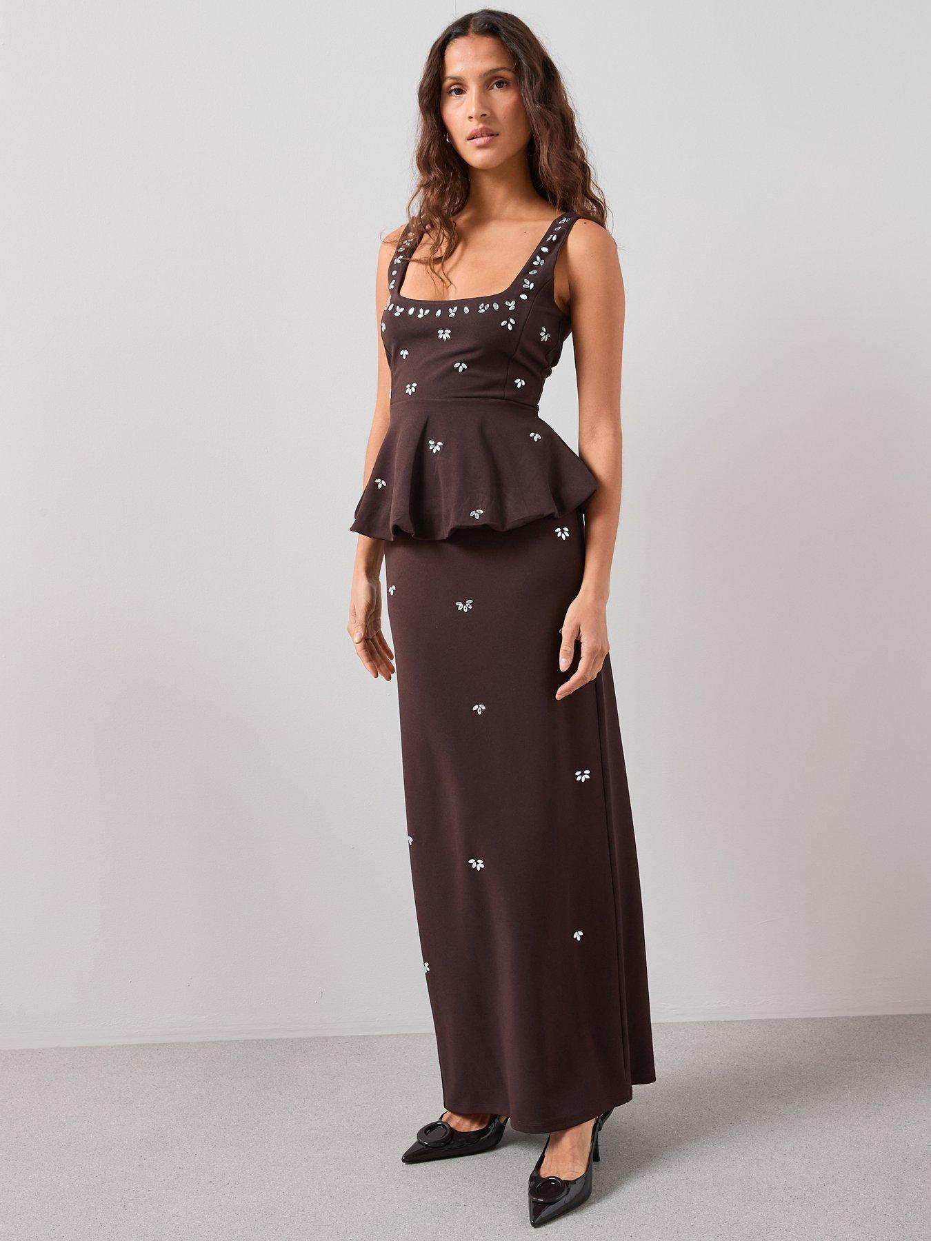 the-very-collection-embellished-bubble-hem-peplum-top-co-ord-browndetail