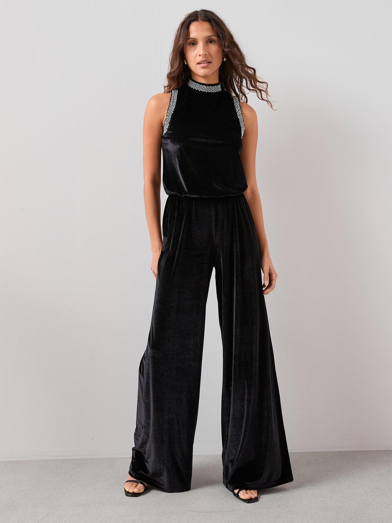 Image 1 of 7 of The Very Collection Velvet Pearl Detail Jumpsuit - Black