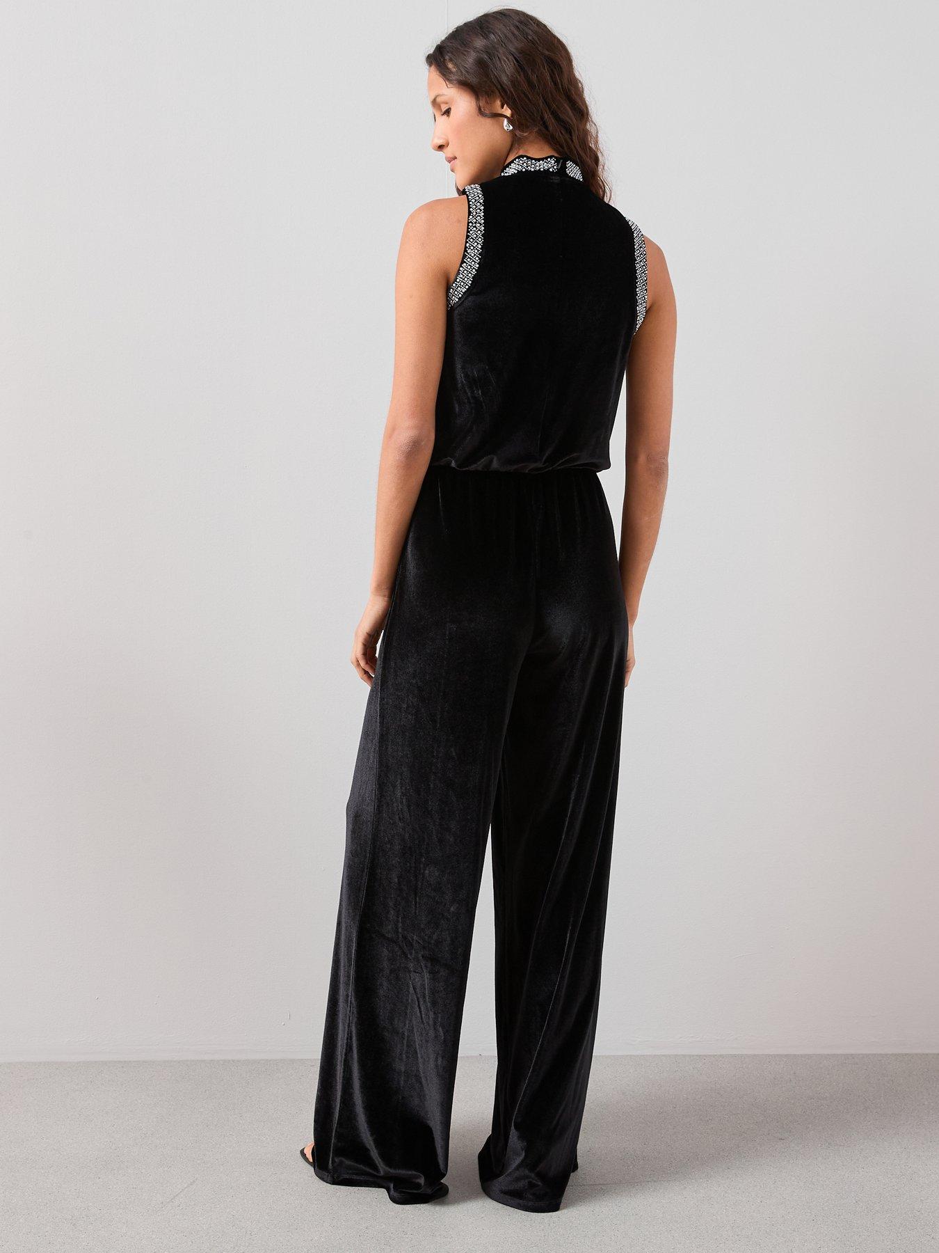 Image 2 of 7 of The Very Collection Velvet Pearl Detail Jumpsuit - Black