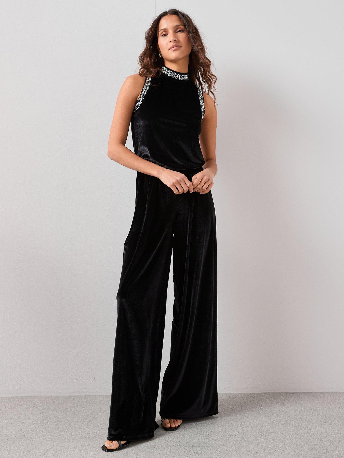 Image 3 of 7 of The Very Collection Velvet Pearl Detail Jumpsuit - Black