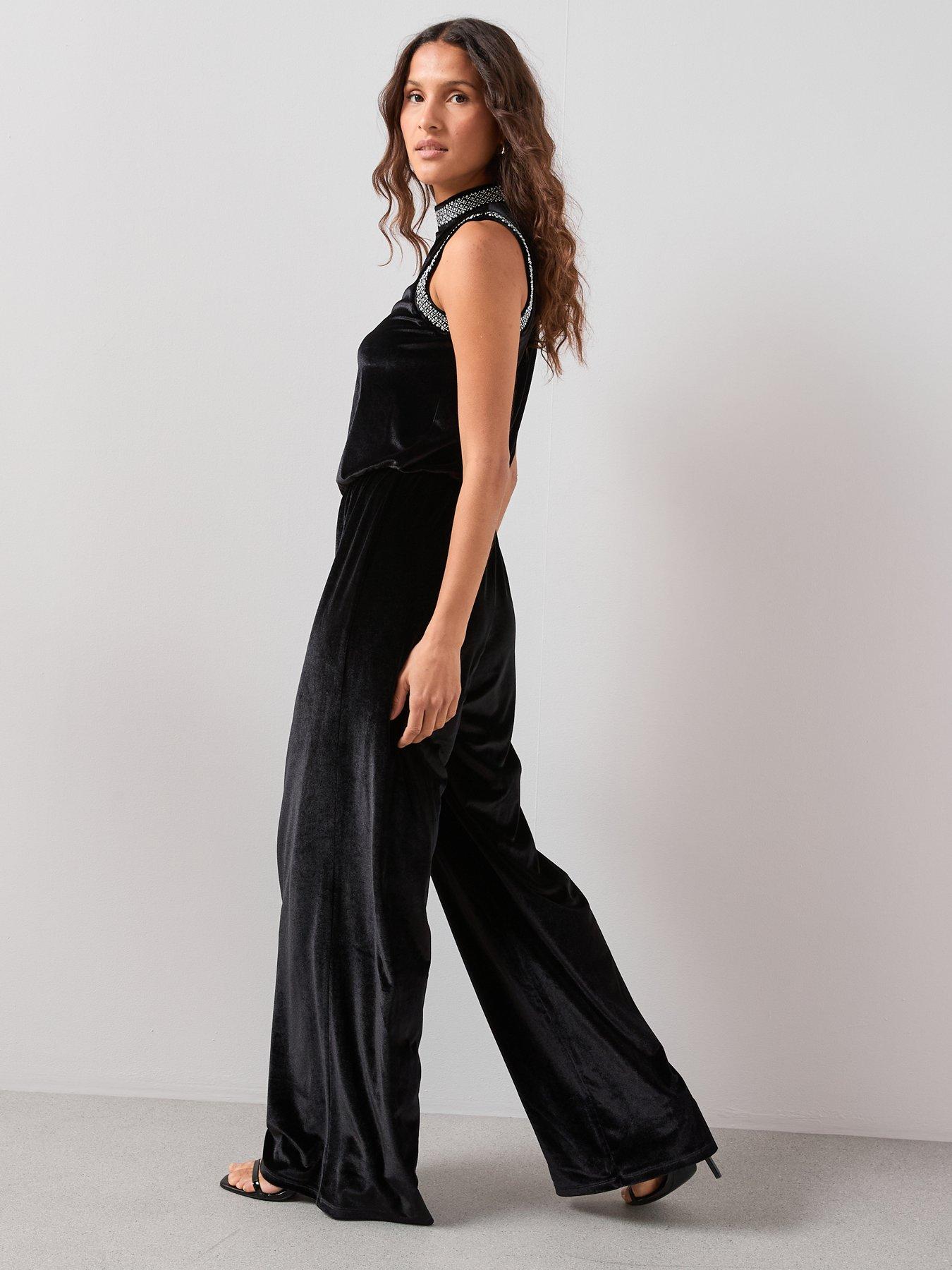 Image 5 of 7 of The Very Collection Velvet Pearl Detail Jumpsuit - Black