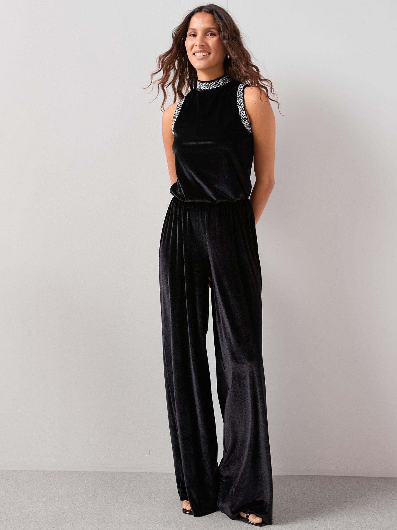 Image 6 of 7 of The Very Collection Velvet Pearl Detail Jumpsuit - Black