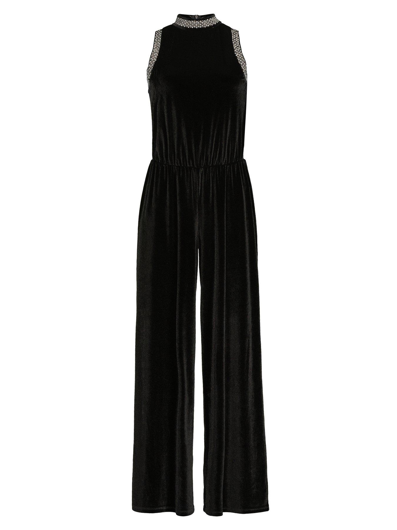 Image 7 of 7 of The Very Collection Velvet Pearl Detail Jumpsuit - Black