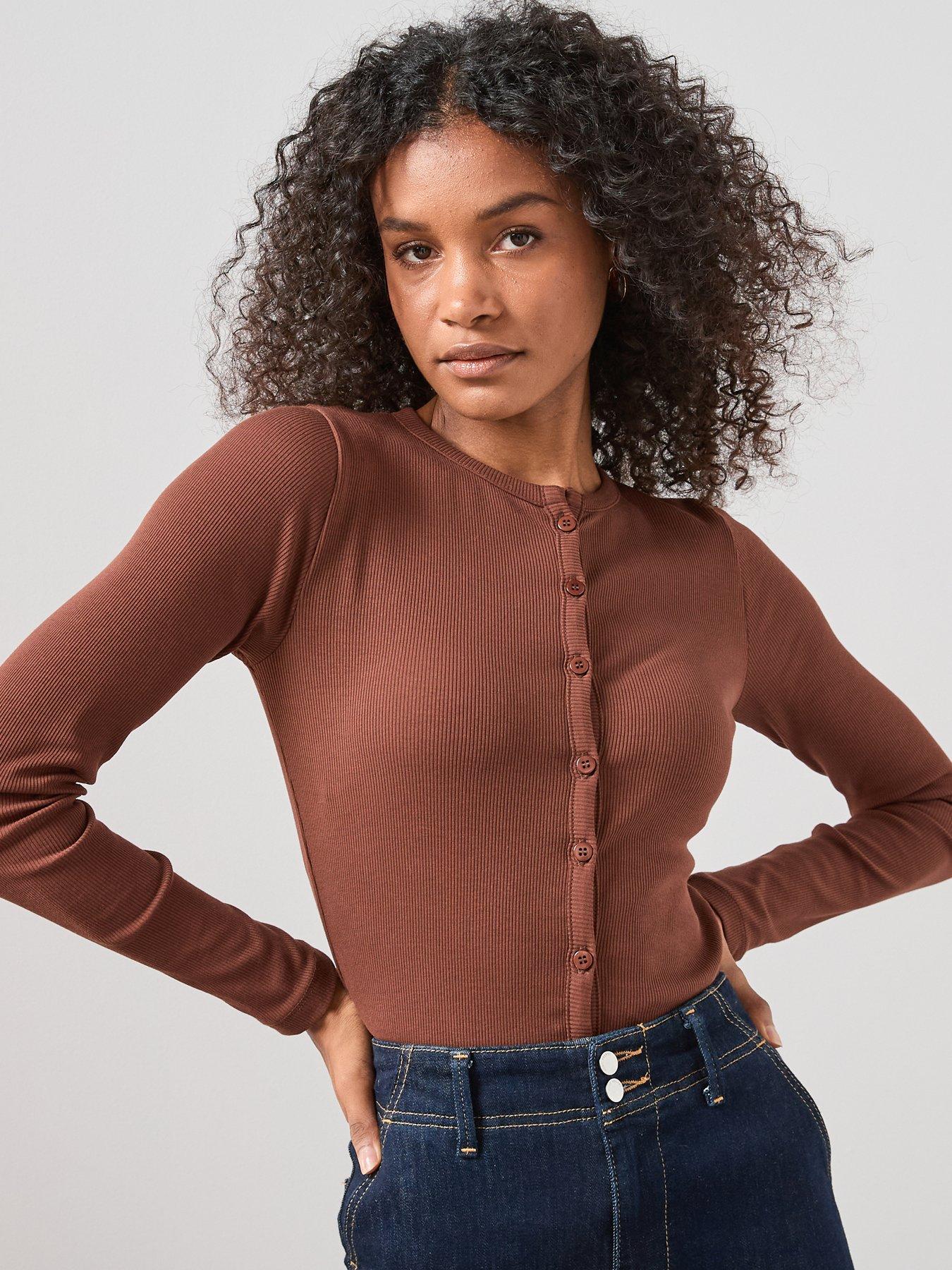 The Very Collection Button Up Rib Long Sleeve Top - Brown