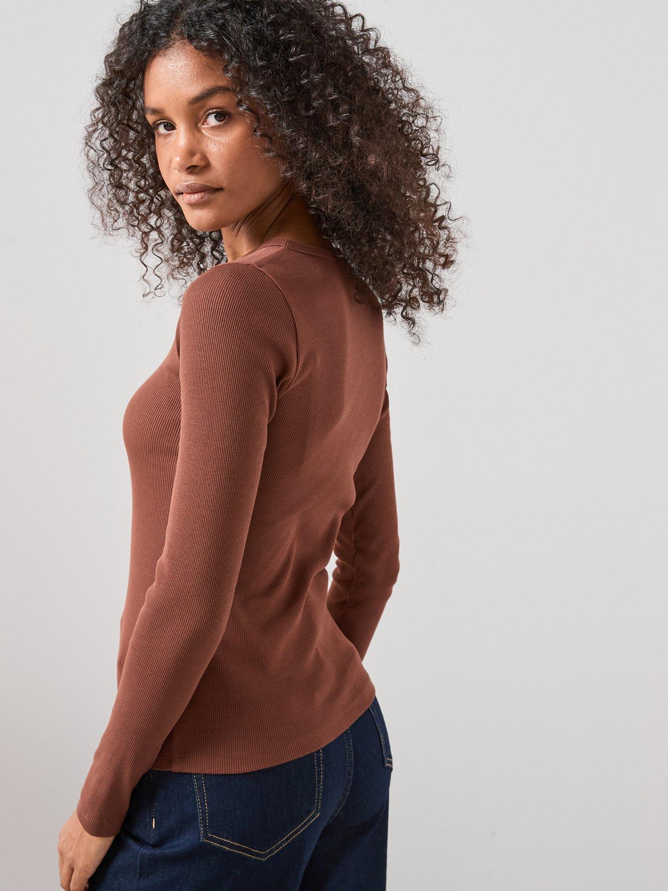 the-very-collection-button-up-rib-long-sleeve-top-brownstillFront