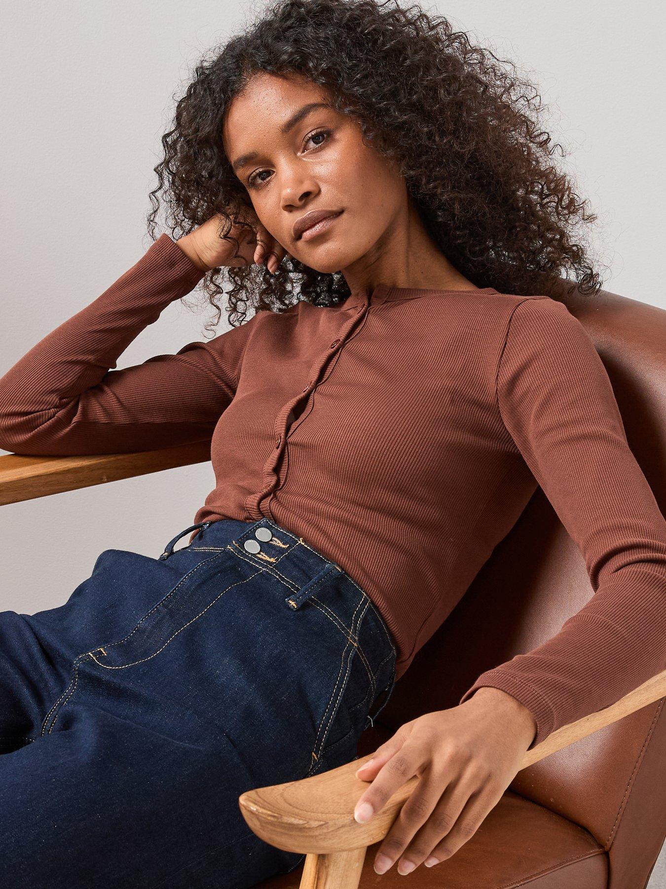 the-very-collection-button-up-rib-long-sleeve-top-brownoutfit
