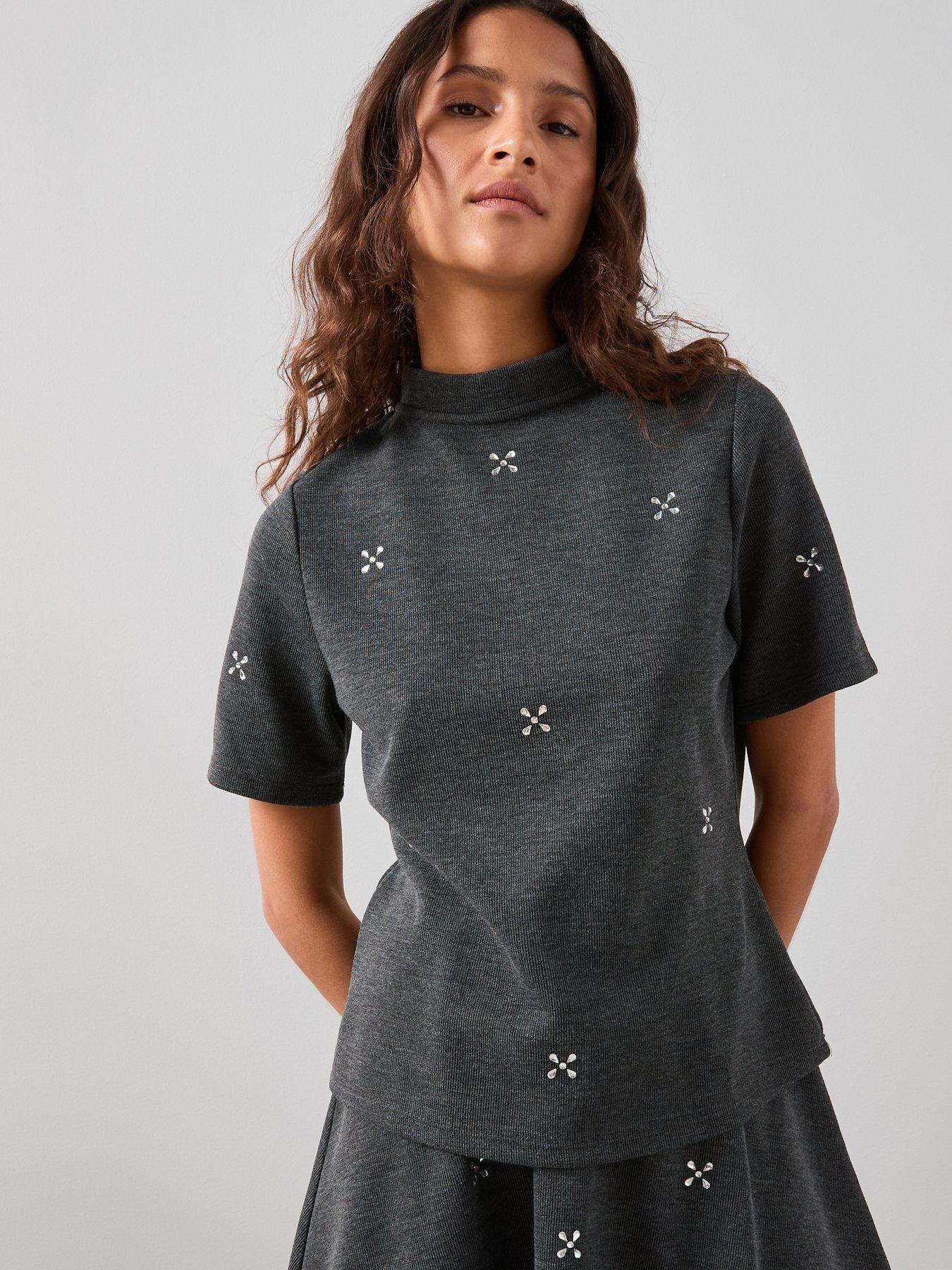 The Very Collection High Neck Embellished Top Co-Ord - Grey