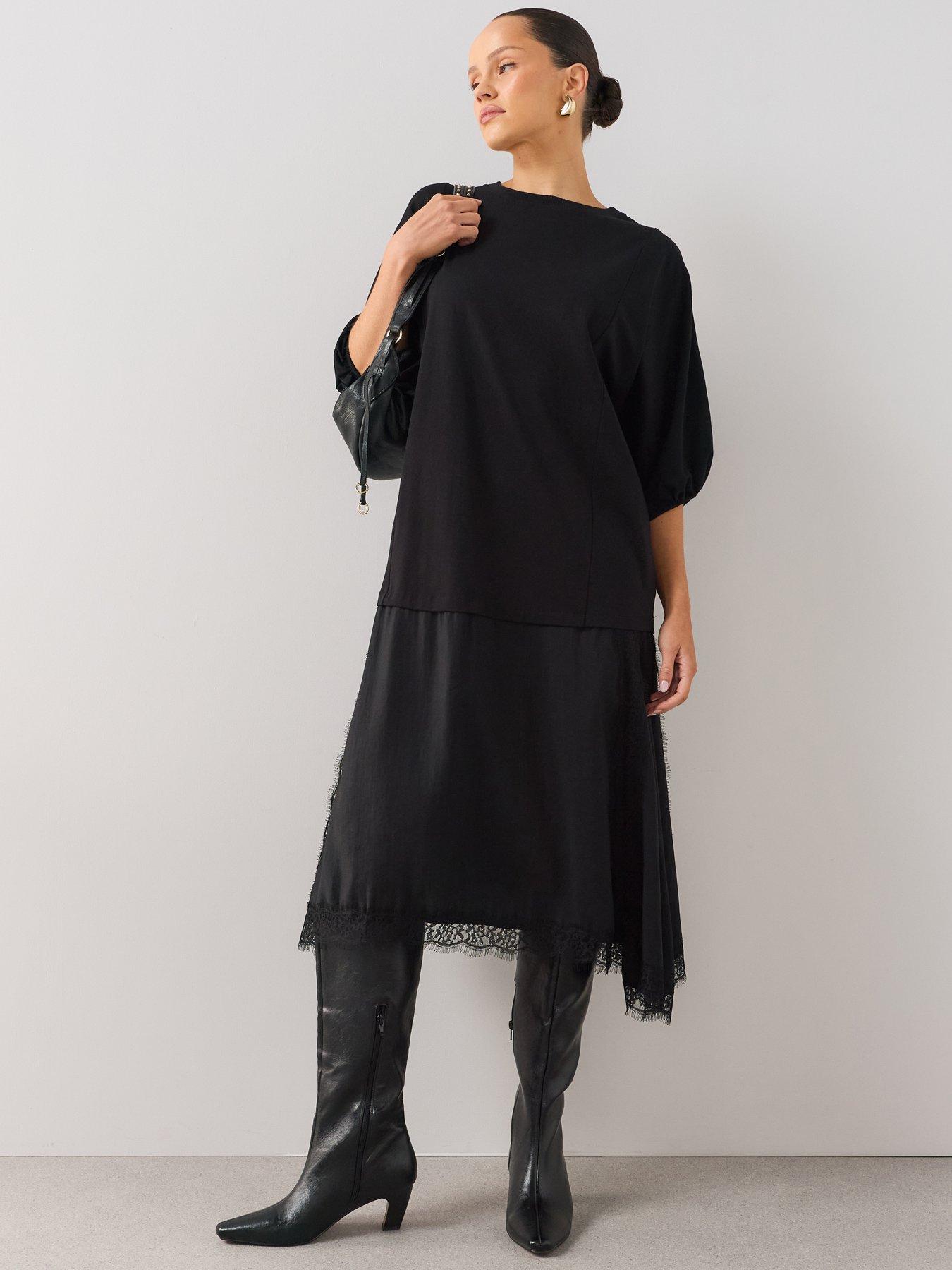The Very Collection Woven Mix Lace Trim Asymetric Dress - Black