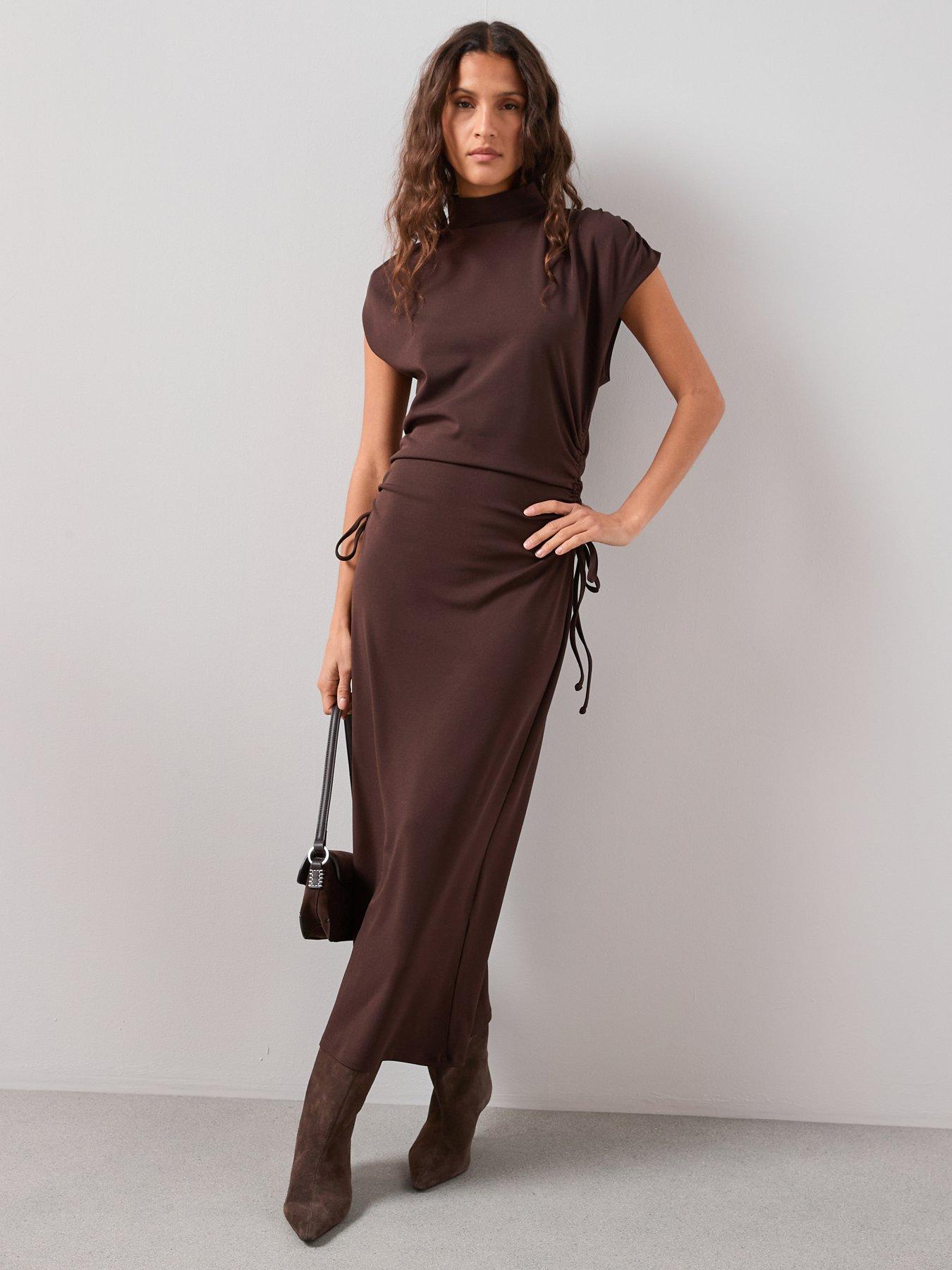 The Very Collection High Neck Ruched Waist Maxi Dress - Brown