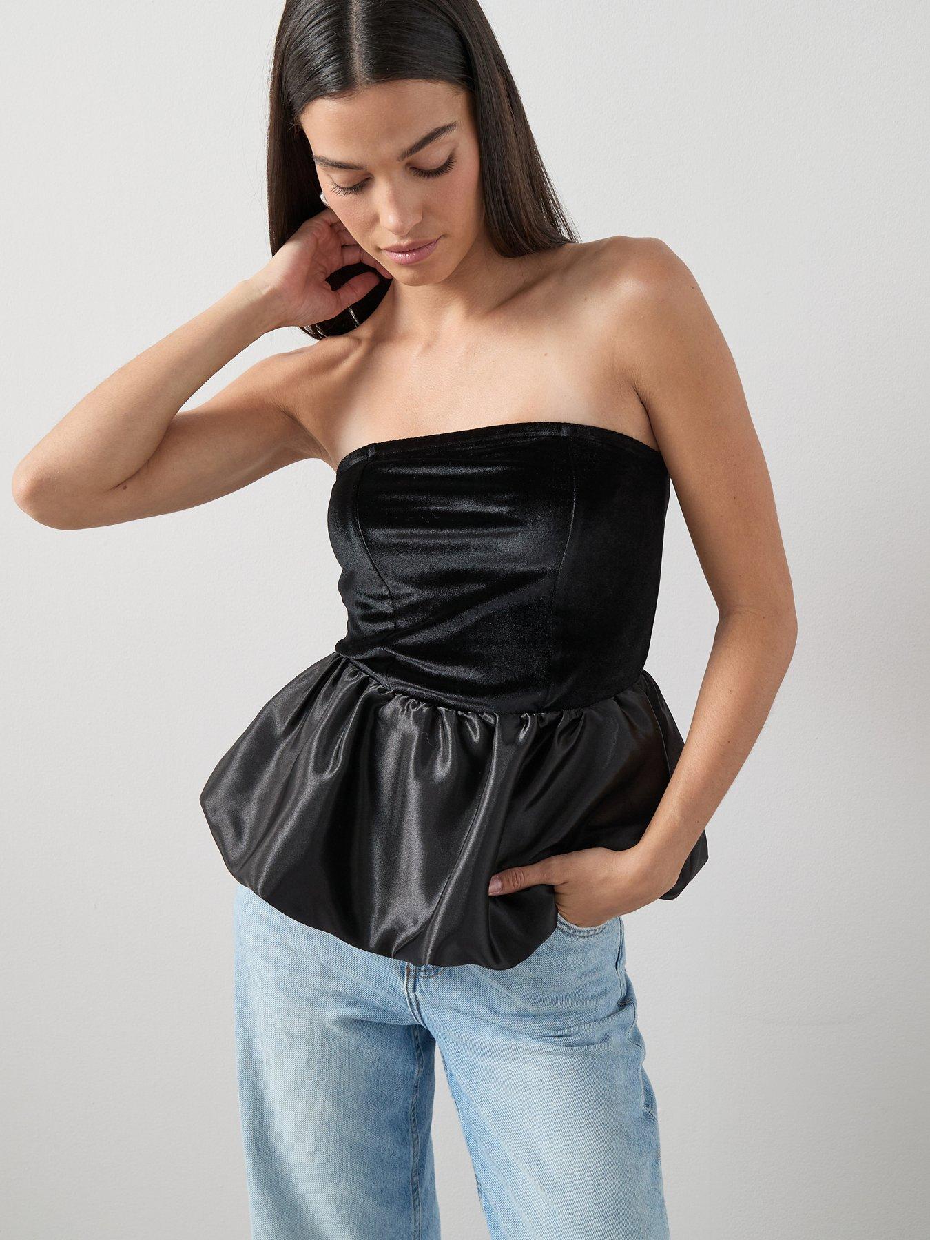 The Very Collection Woven Mix Velvet Sweetheart Bandeau Top - Black