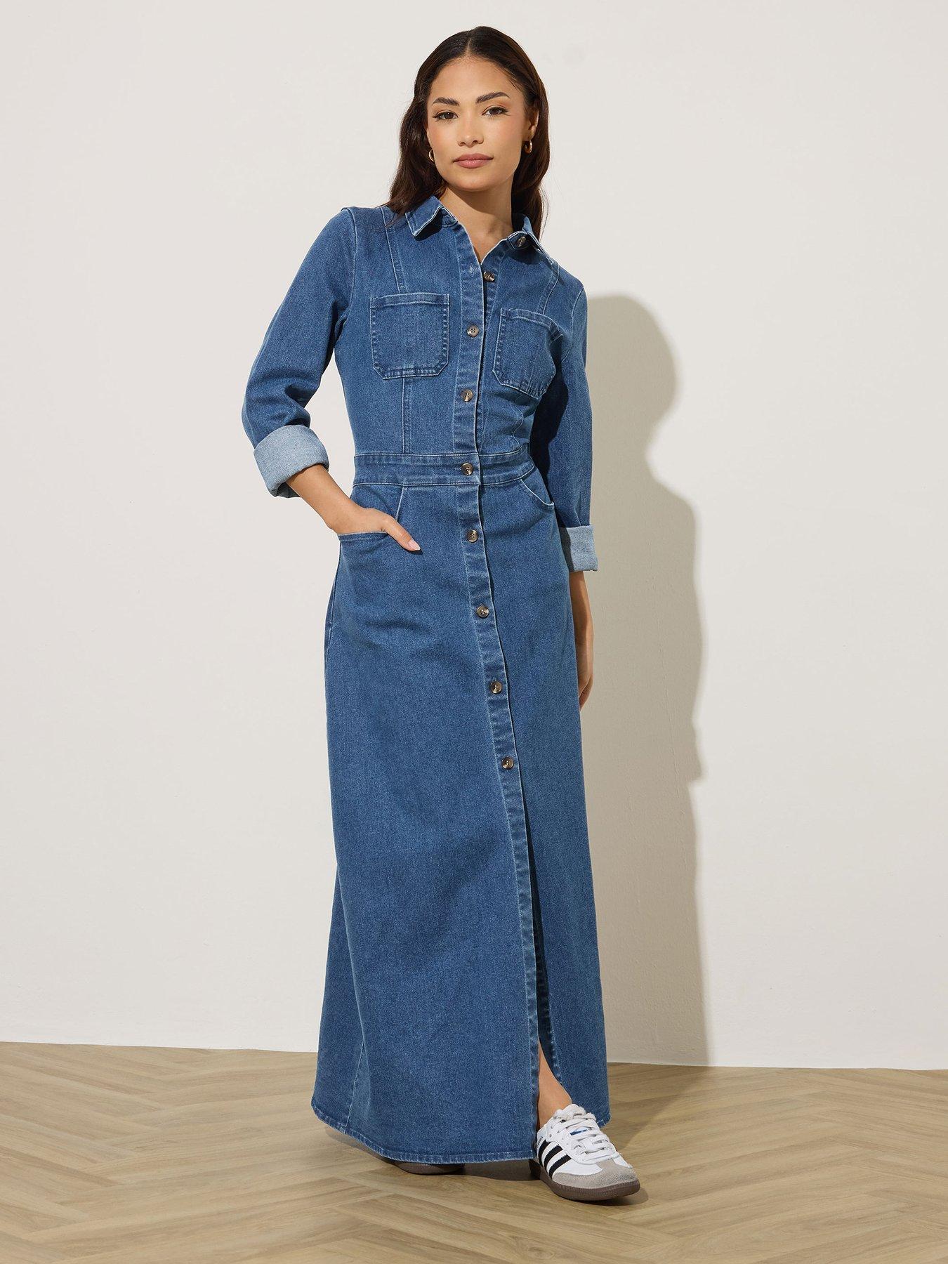 PixieGirl Petite Stretch Denim Maxi Shirt Dress
