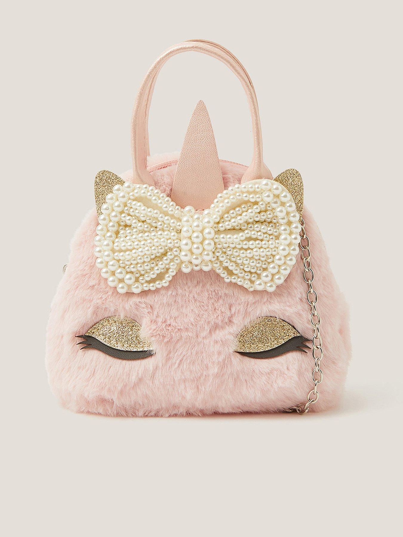 Monsoon Girls Fluffy Unicorn Pearl Bow Bag - Pink