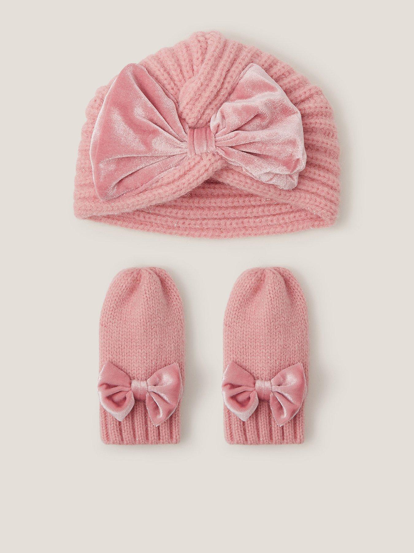 Image 1 of 3 of Monsoon Baby Girls Turban Bow Hat With Mittens - Pink