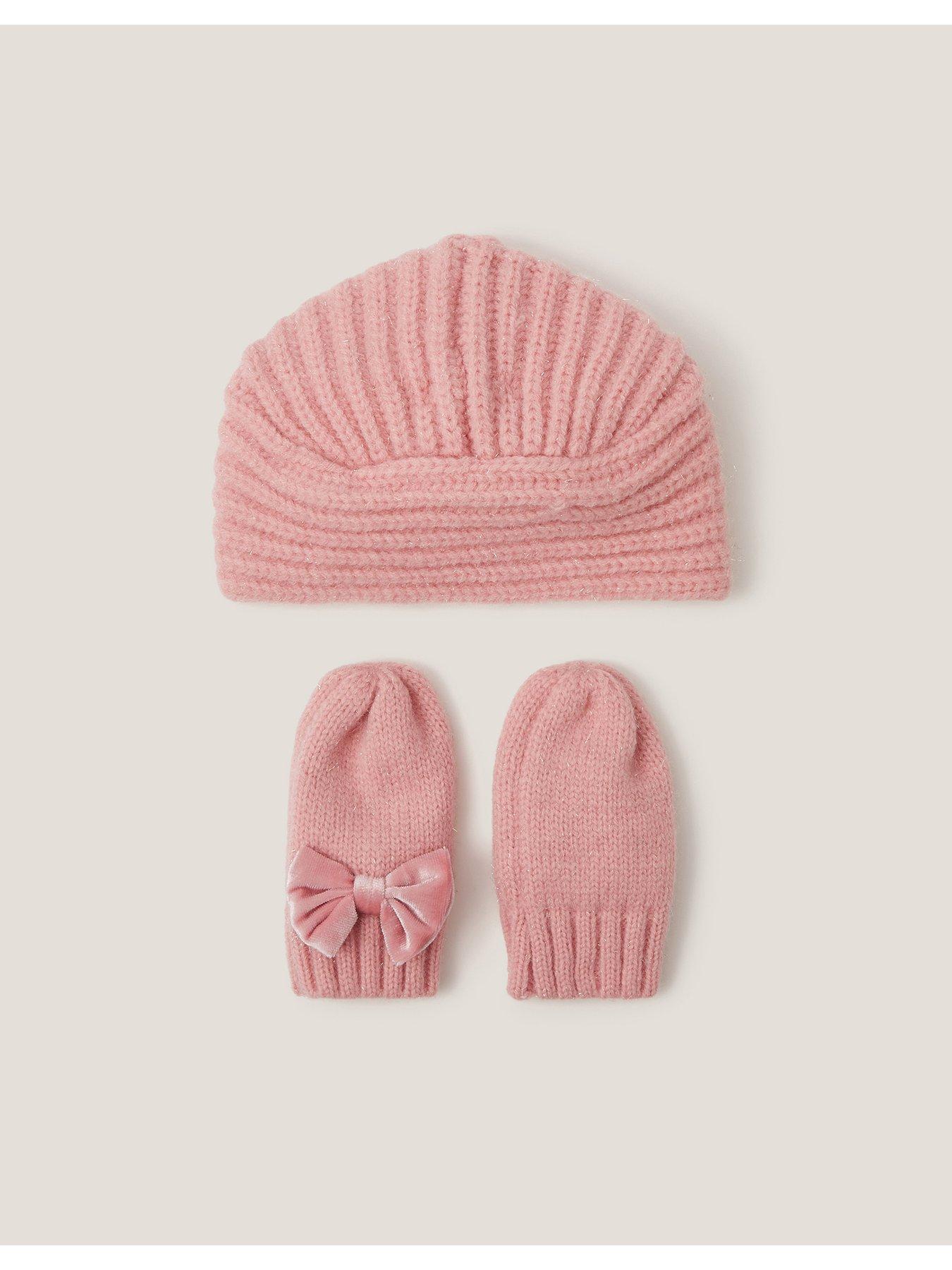 Image 2 of 3 of Monsoon Baby Girls Turban Bow Hat With Mittens - Pink