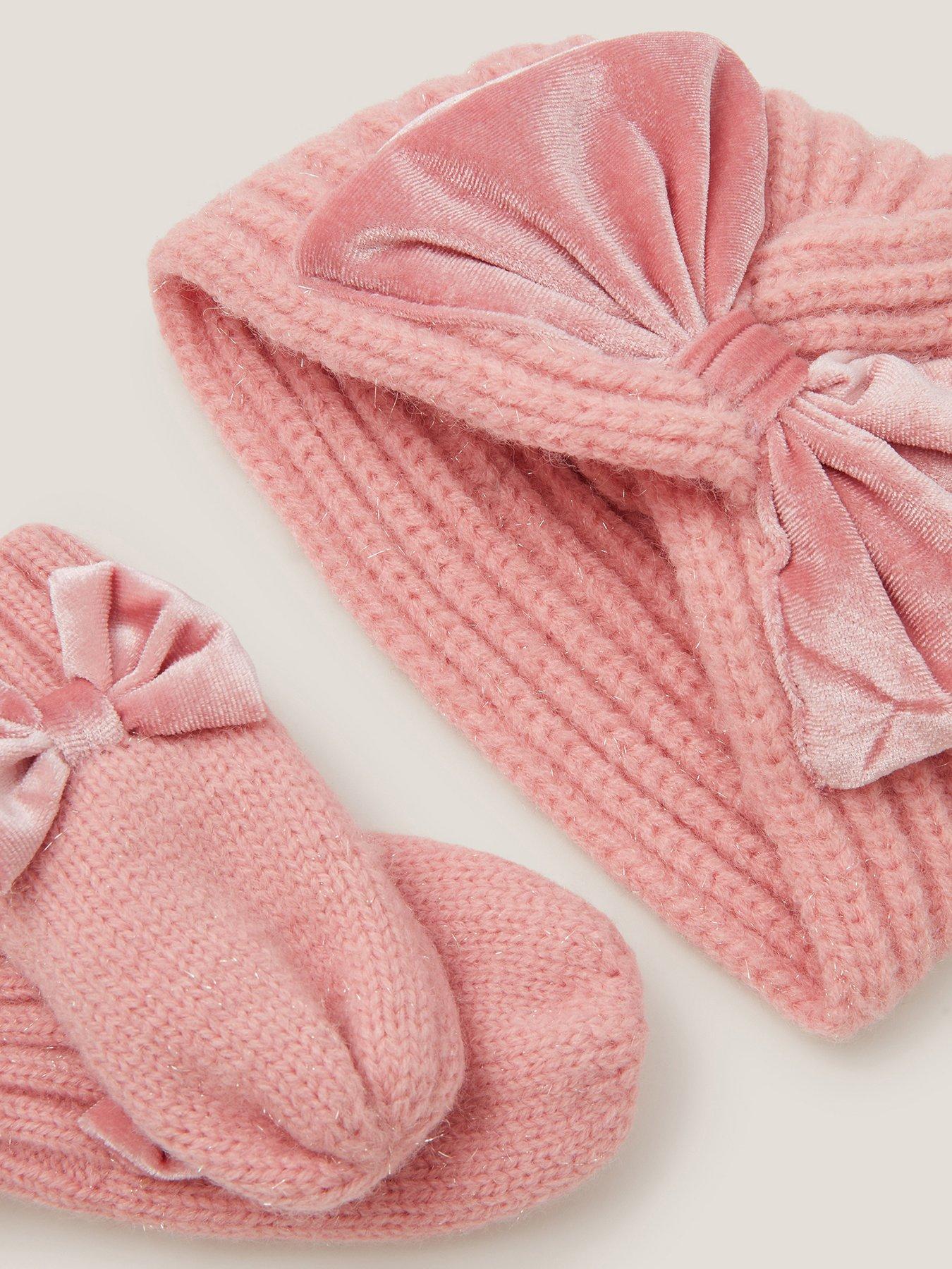 Image 3 of 3 of Monsoon Baby Girls Turban Bow Hat With Mittens - Pink