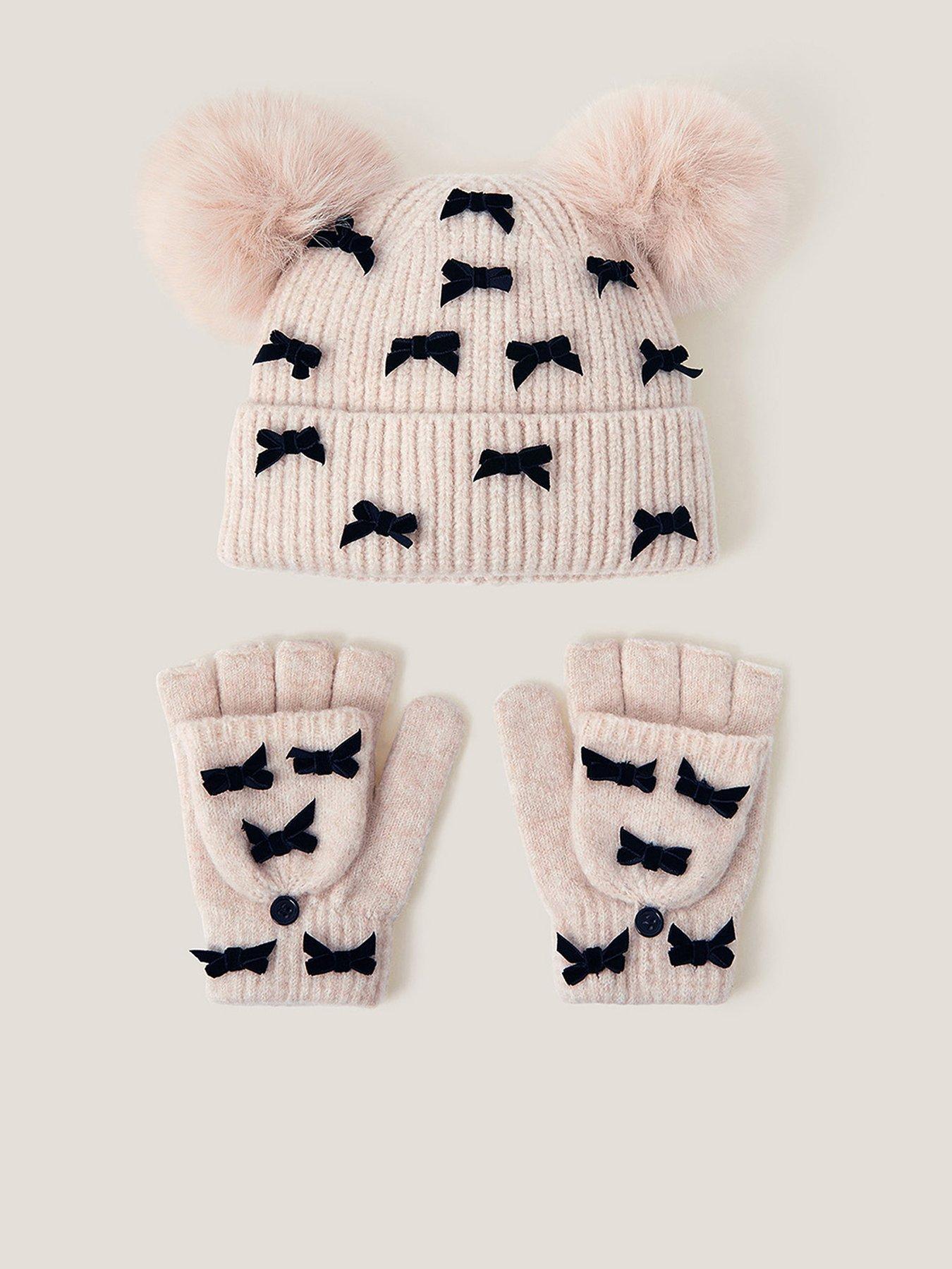 Monsoon Girls Bow Pom Hat Set - Beige