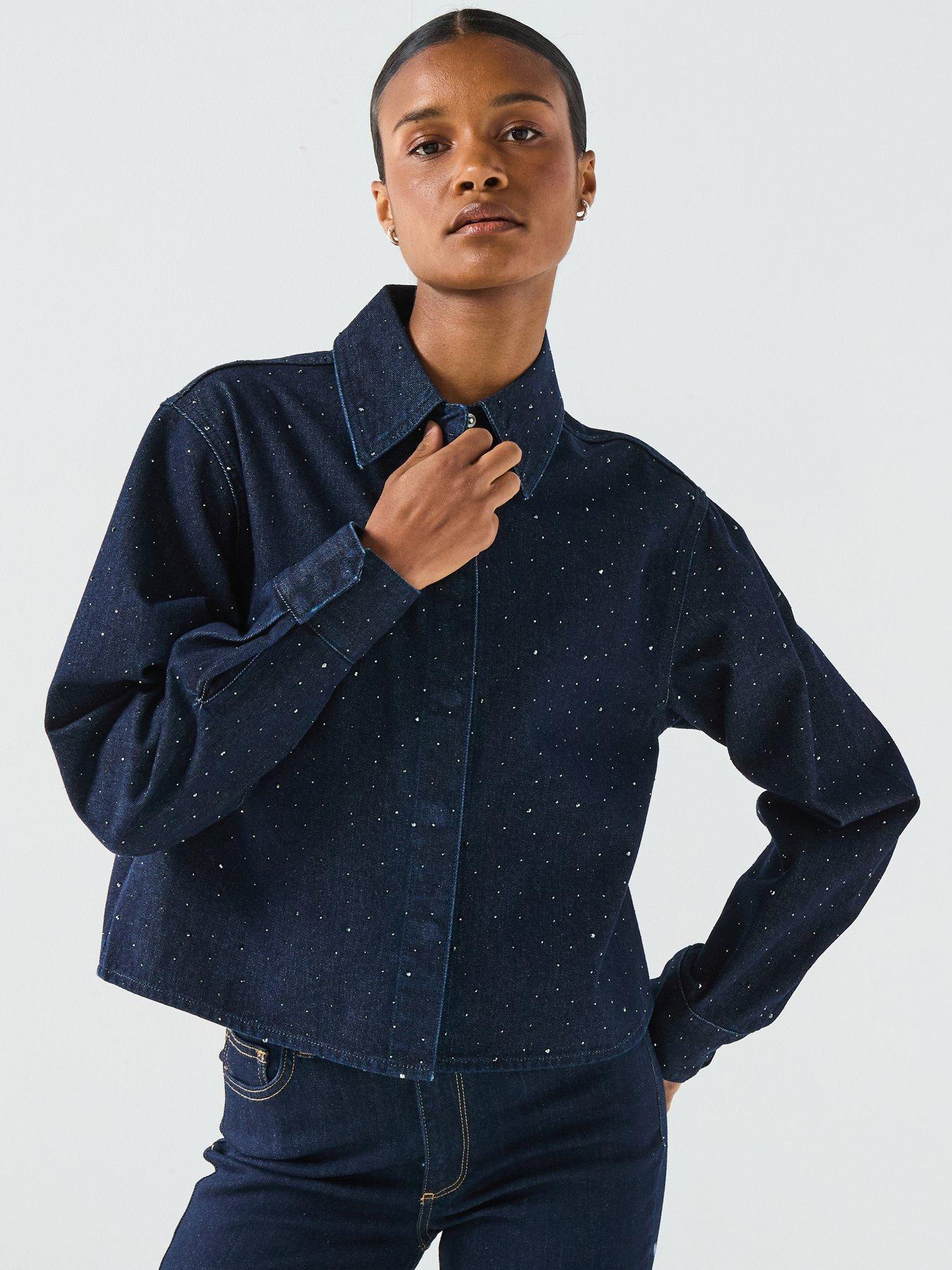 Only Long Sleeve  Rhinestone Denim Shirt - Blue