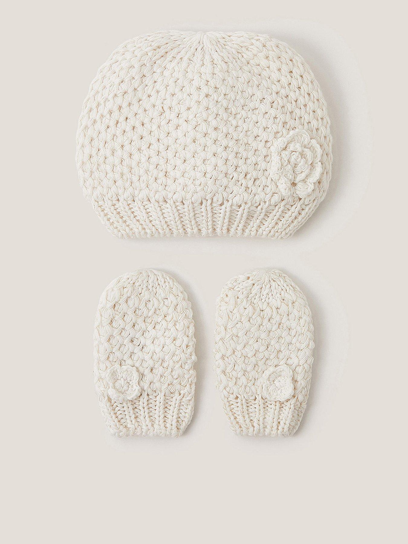 Monsoon Baby Girls Flower Beanie And Mittens - Light Cream