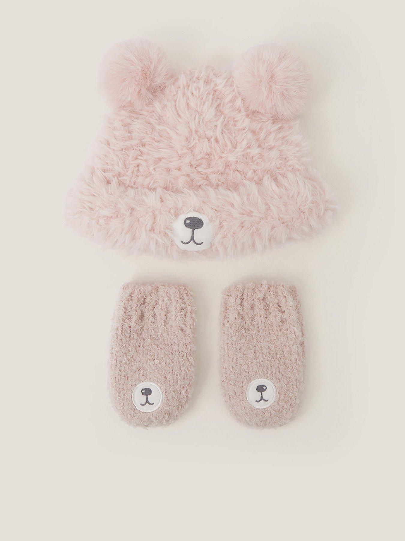 Image 1 of 3 of Monsoon Baby Girls Bear Hat And Mittens - Pink