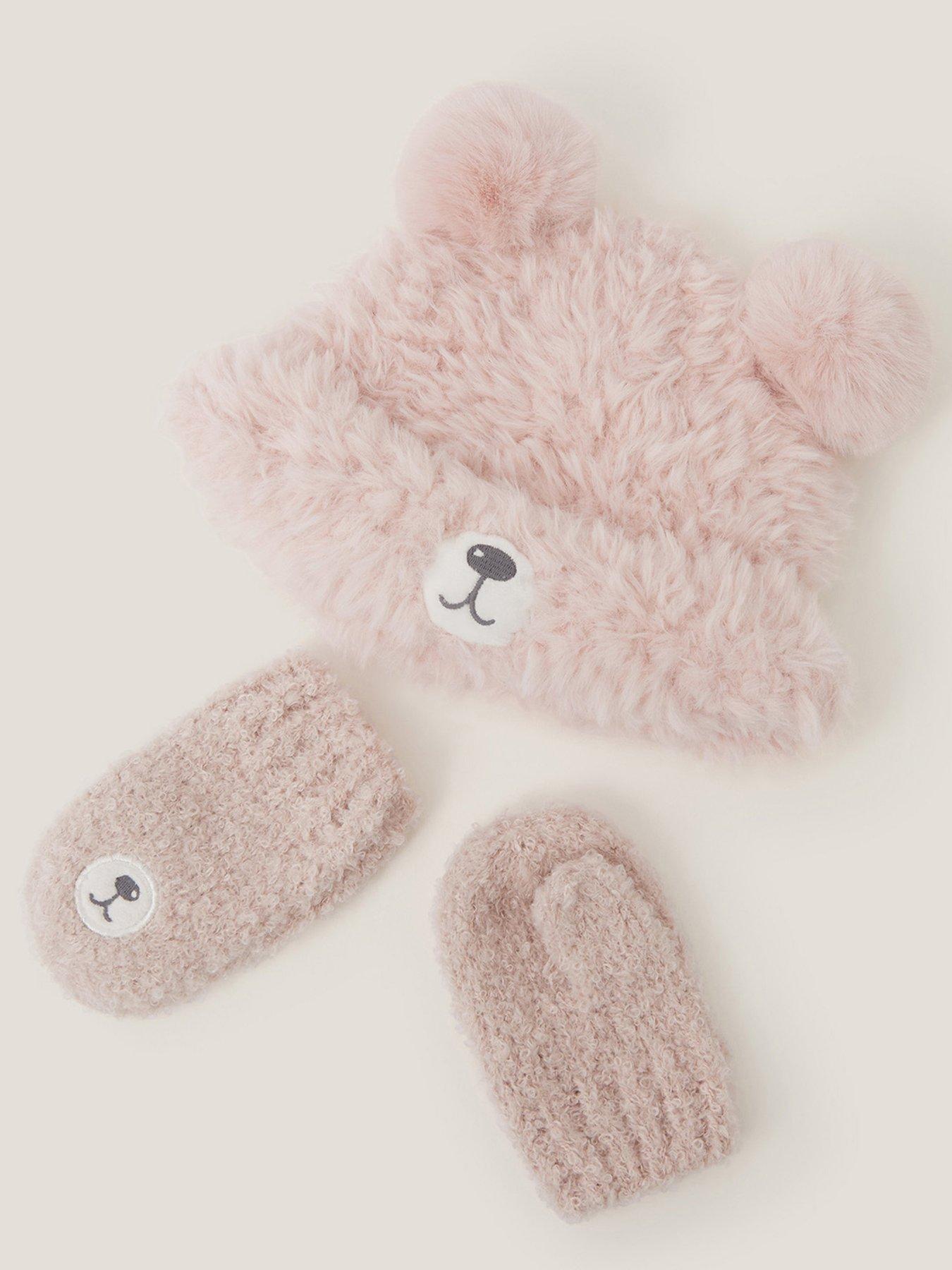Image 3 of 3 of Monsoon Baby Girls Bear Hat And Mittens - Pink