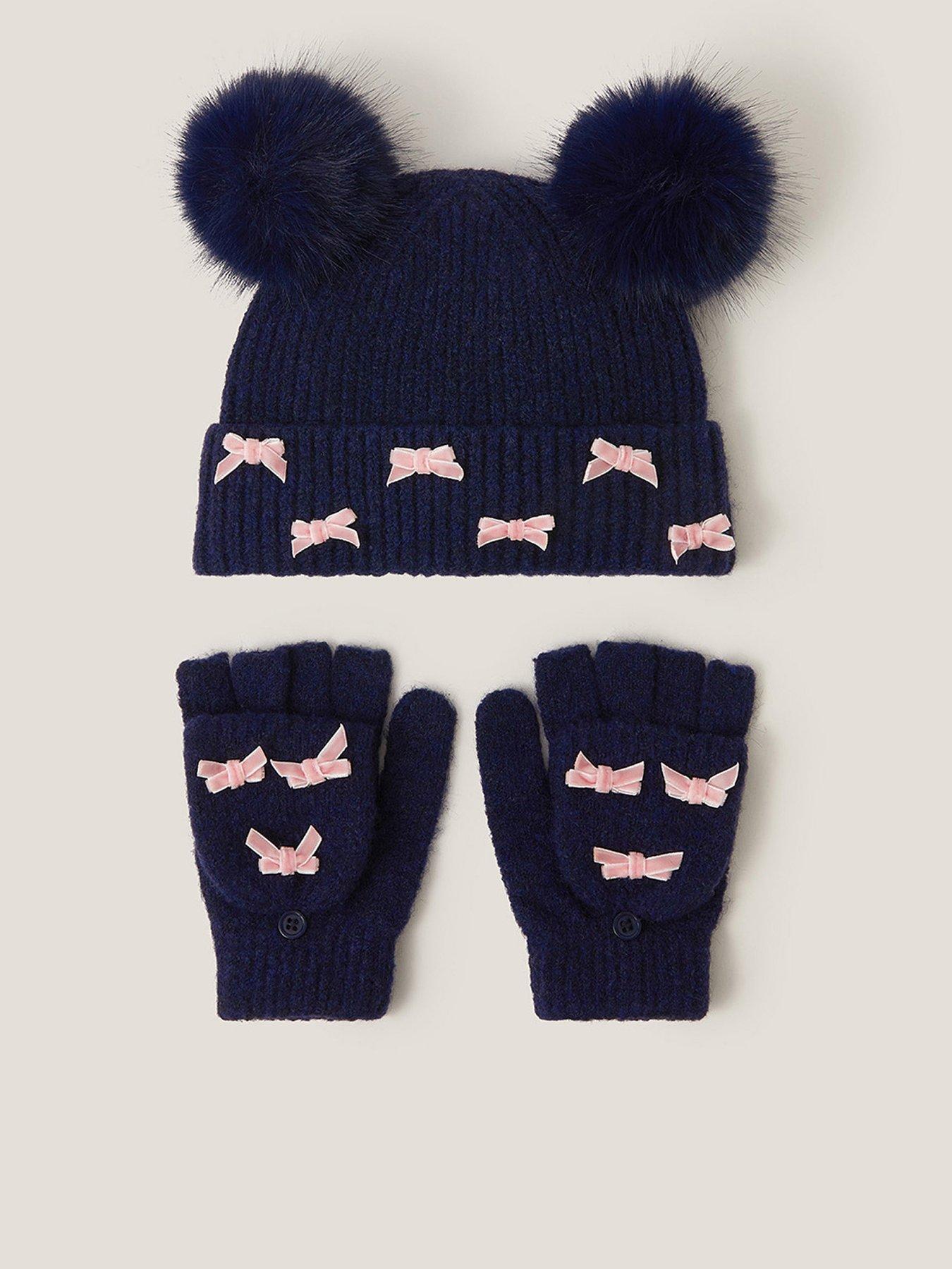 Monsoon Girls Multi Bow Hat And Glove Set - Navy