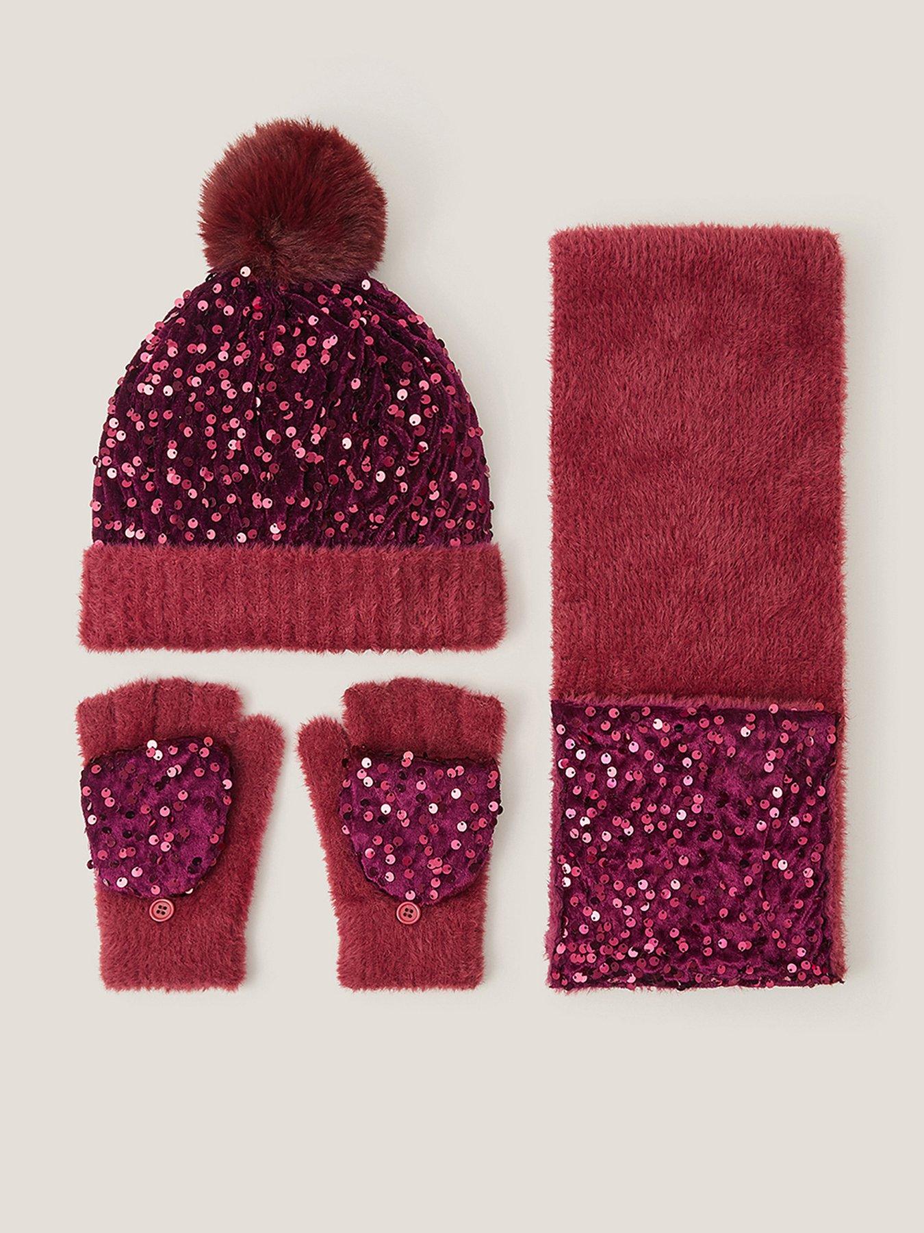 Monsoon Girls Sequin Hat, Glove And Scarf Set - Red