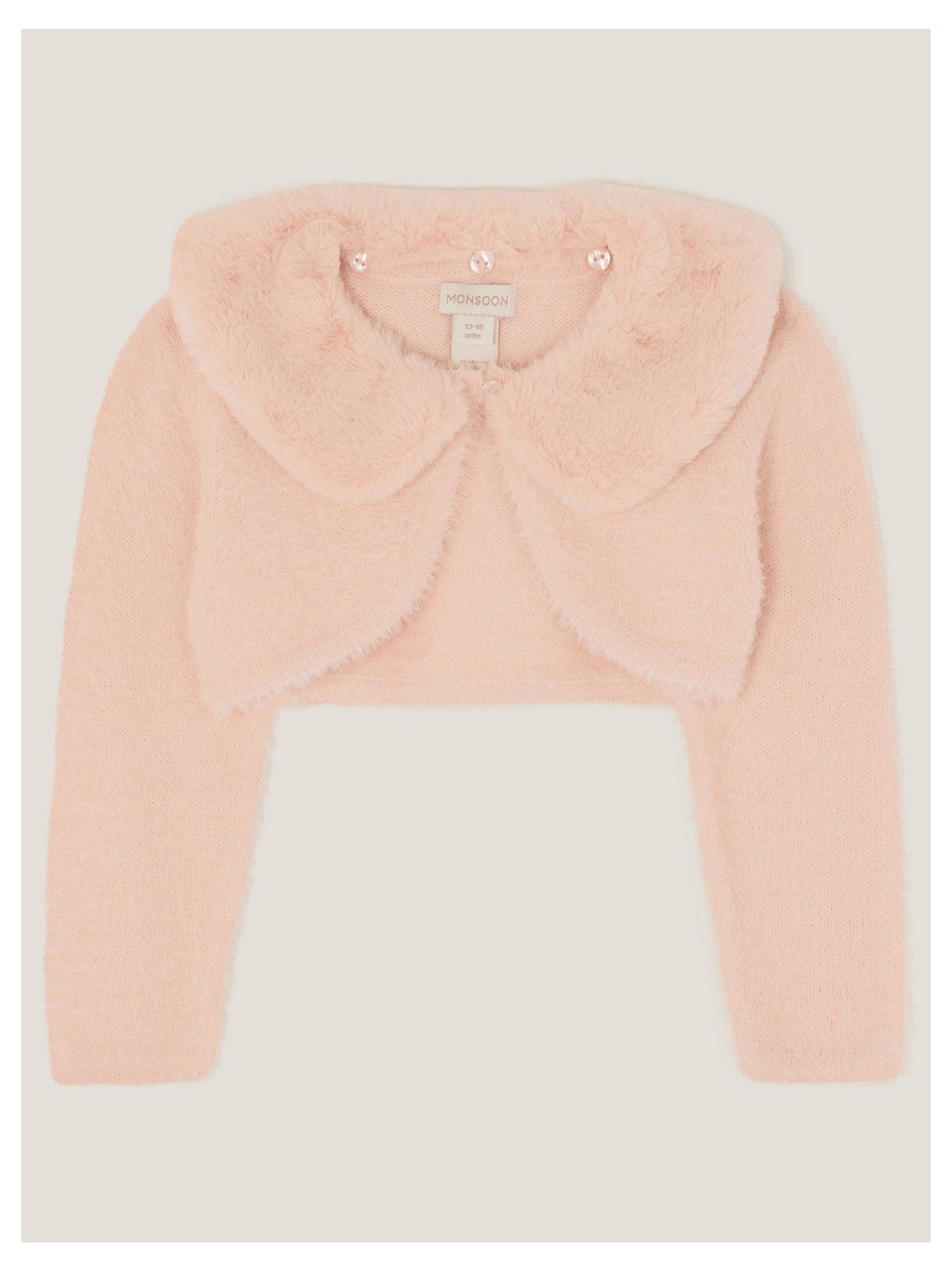 Monsoon Baby Girls Fluffy Detachable Faux Fur Collar Cardigan - Pink