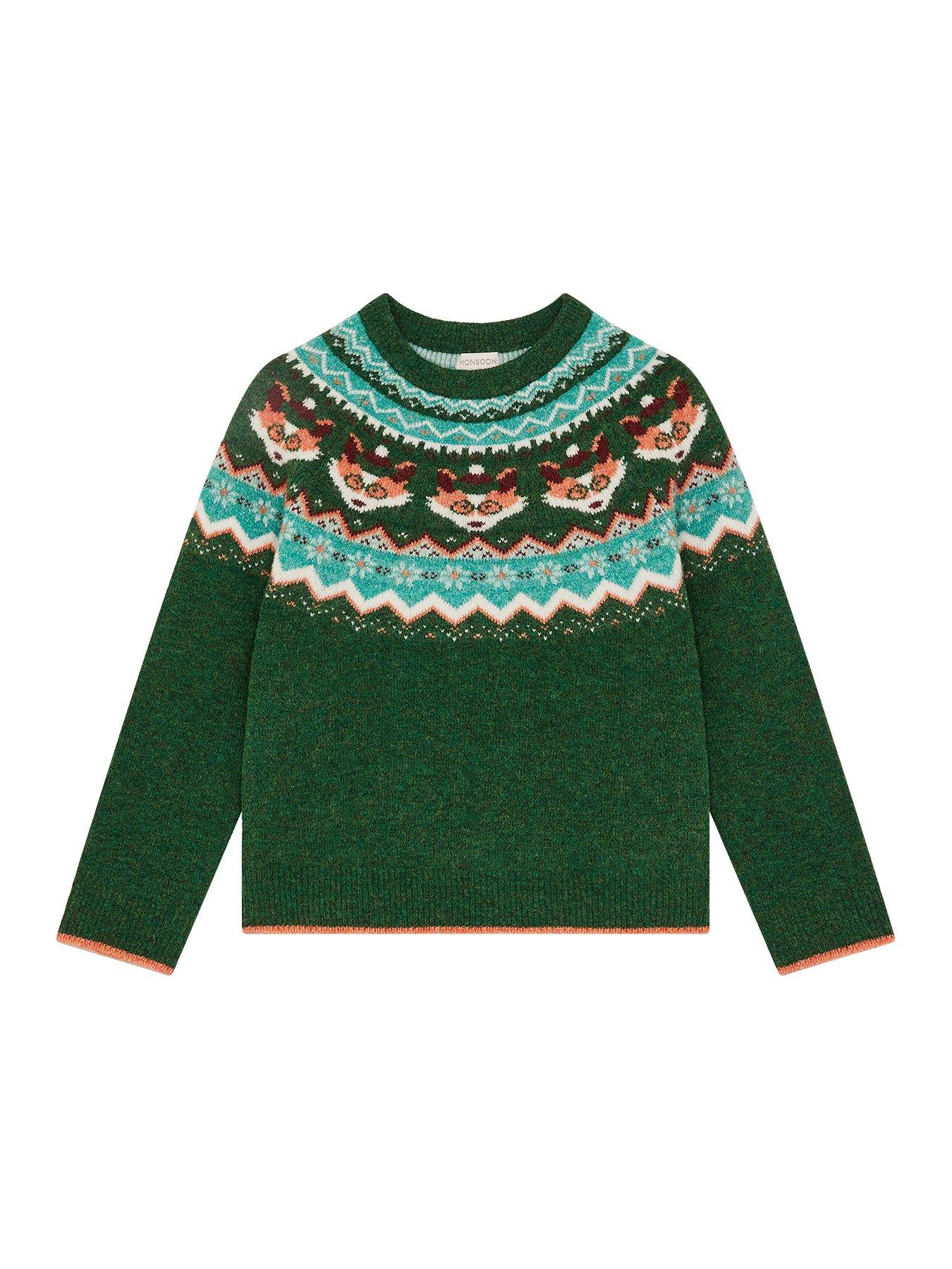 Monsoon Boys Crew Neck Fairisle Fox Jumper - Green